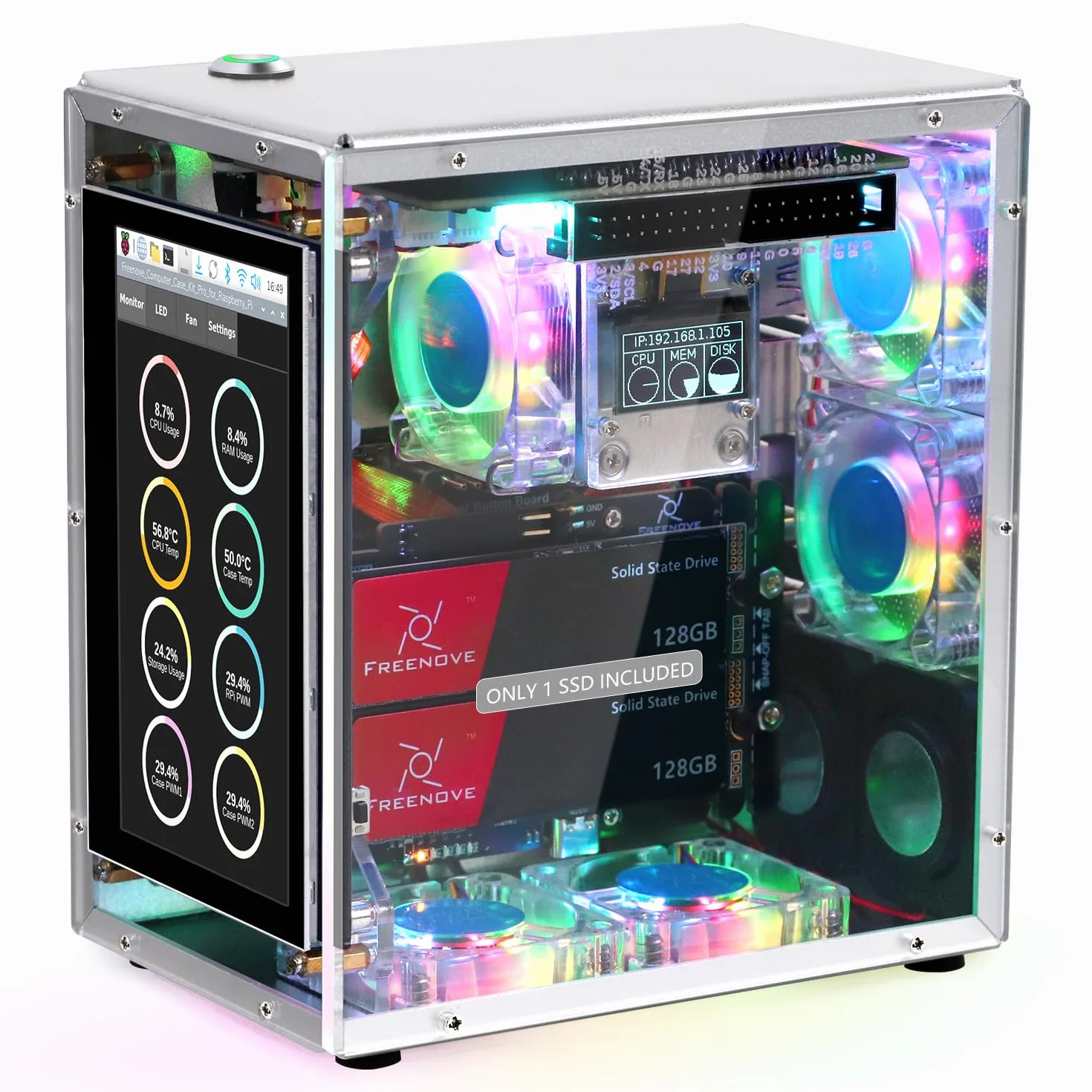 Freenove Raspberry Pi 5 NAS Case Kit (with 1x 128GB SSD), Quad M.2 NVMe SSD Slots, 5 PWM ARGB Fans Light Sync, CPU Tower Cooler, 4.3" Touchscreen, Stereo Speakers, 3.5 mm Audio