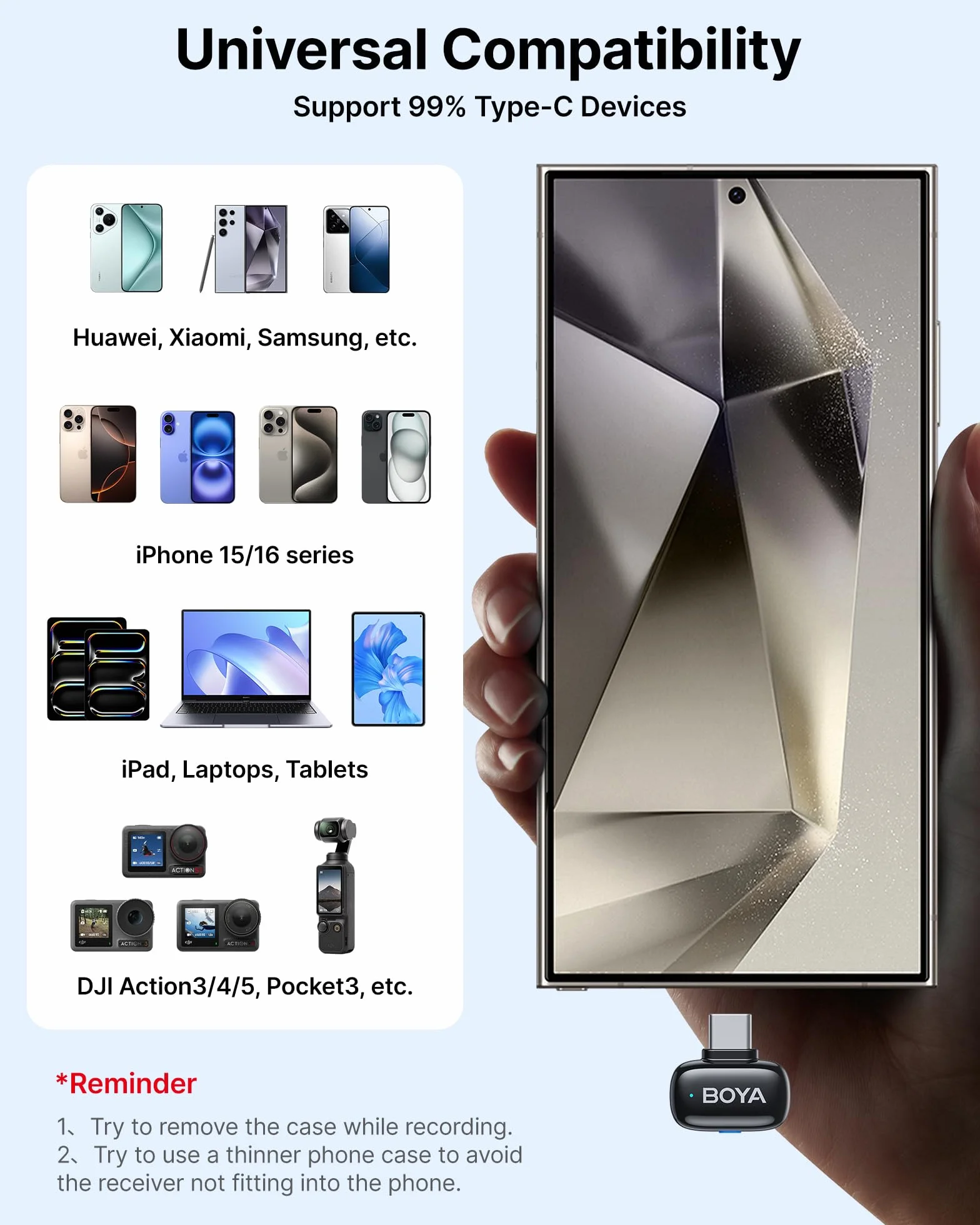 BoyaMini Bezprzewodowy mikrofon krawatowy do iPhone'a 15/16, Androida, USB-C, z redukcją szumów, zmiana głosu AI, do vlogowania, TikTok, YouTube, dla twórców treści
