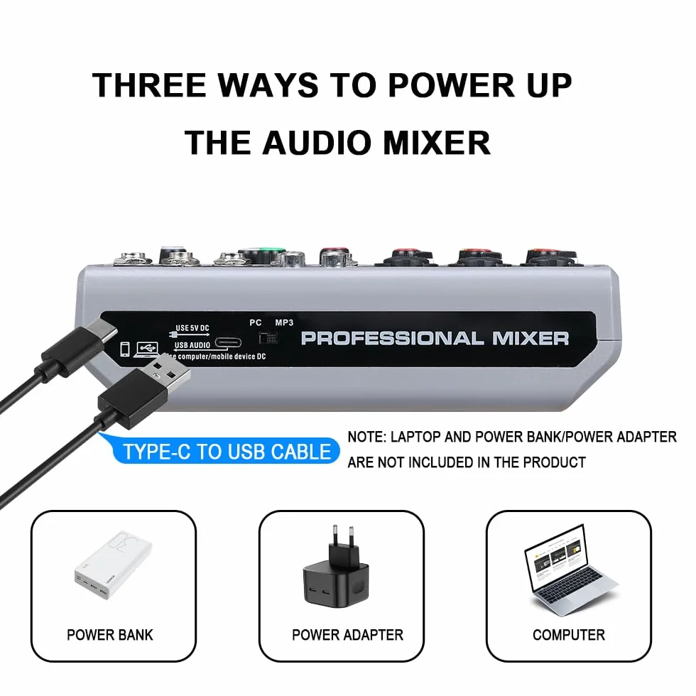 BOMGE Mikser audio 5-kanałowy cyfrowy efekt opóźnienia echa USB Bluetooth 48V Phantom Power
