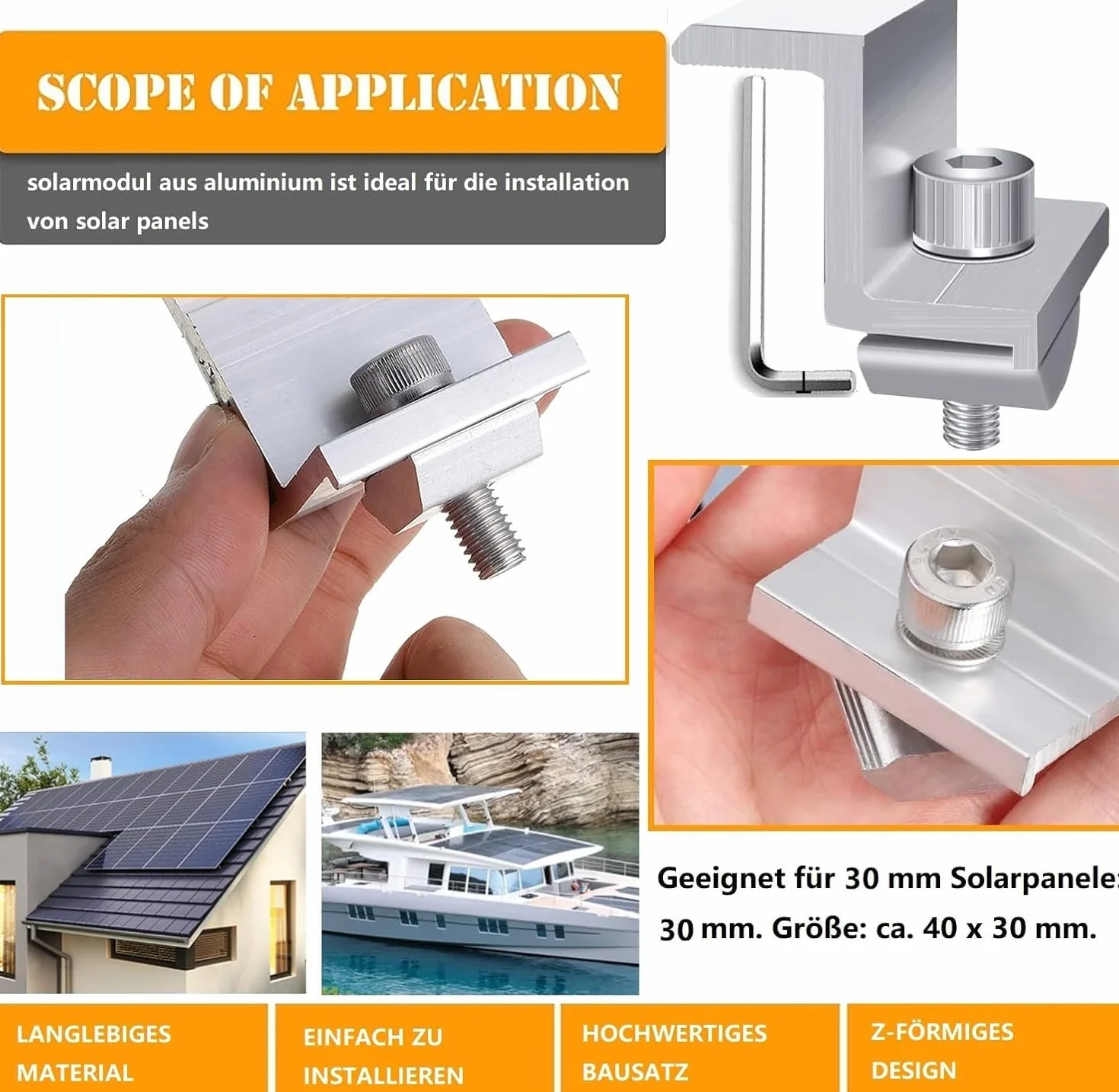 Uchwyt do modułu solarnego 30-55 mm, zacisk końcowy, panel słoneczny, regulowany, zaciski modułowe do samochodów kempingowych, dachów, modułów PV, regulowany zacisk solarny