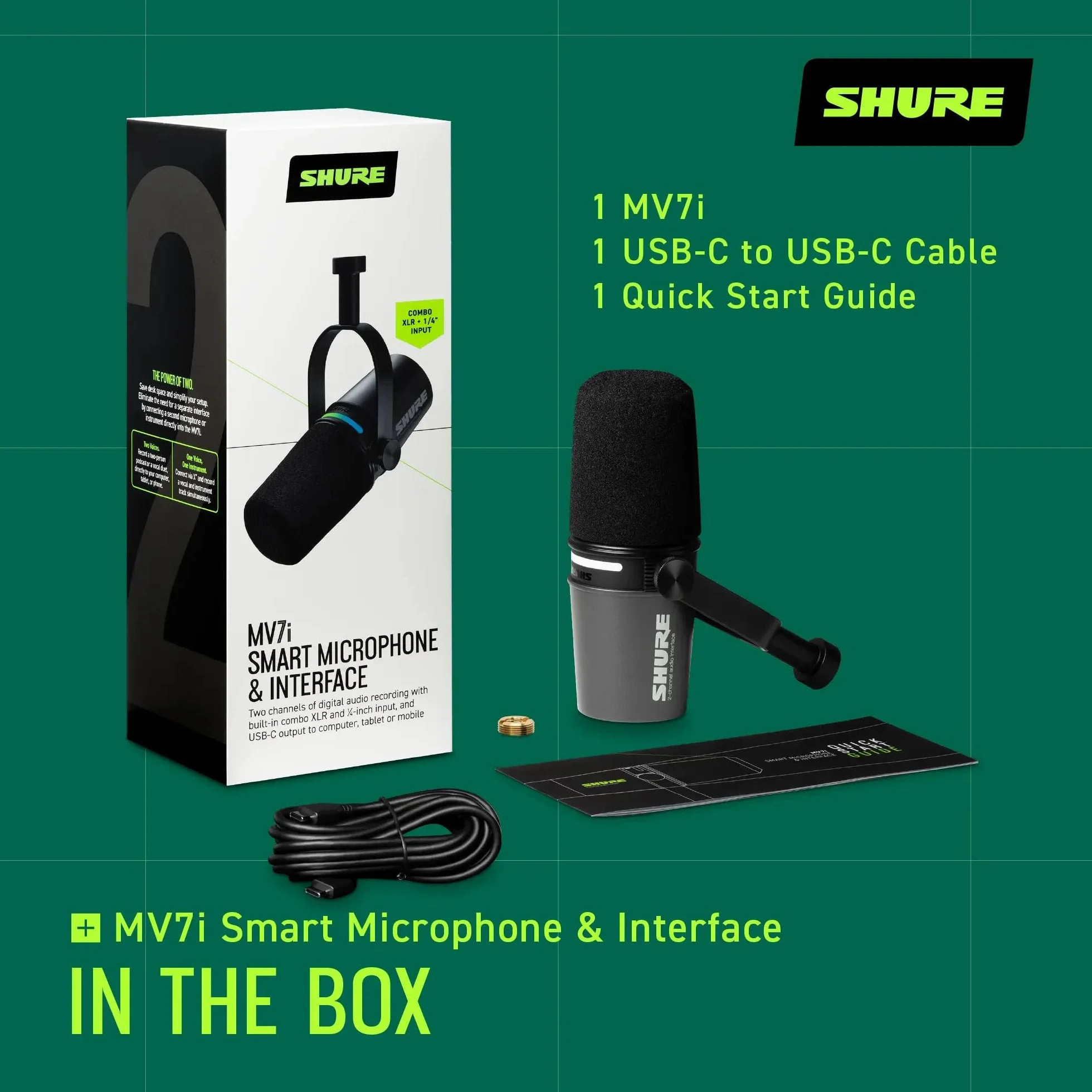 Shure Mikrofon MV7i Smart Podcast + Wbudowany Interfejs Audio – Zestaw Sprzętu z 2 Kanałami dla Podwójnych Mikrofonów XLR lub Mikrofon + Instrumenty XLR - Bezpośrednie Połączenie USB-C z PC/Telefonem