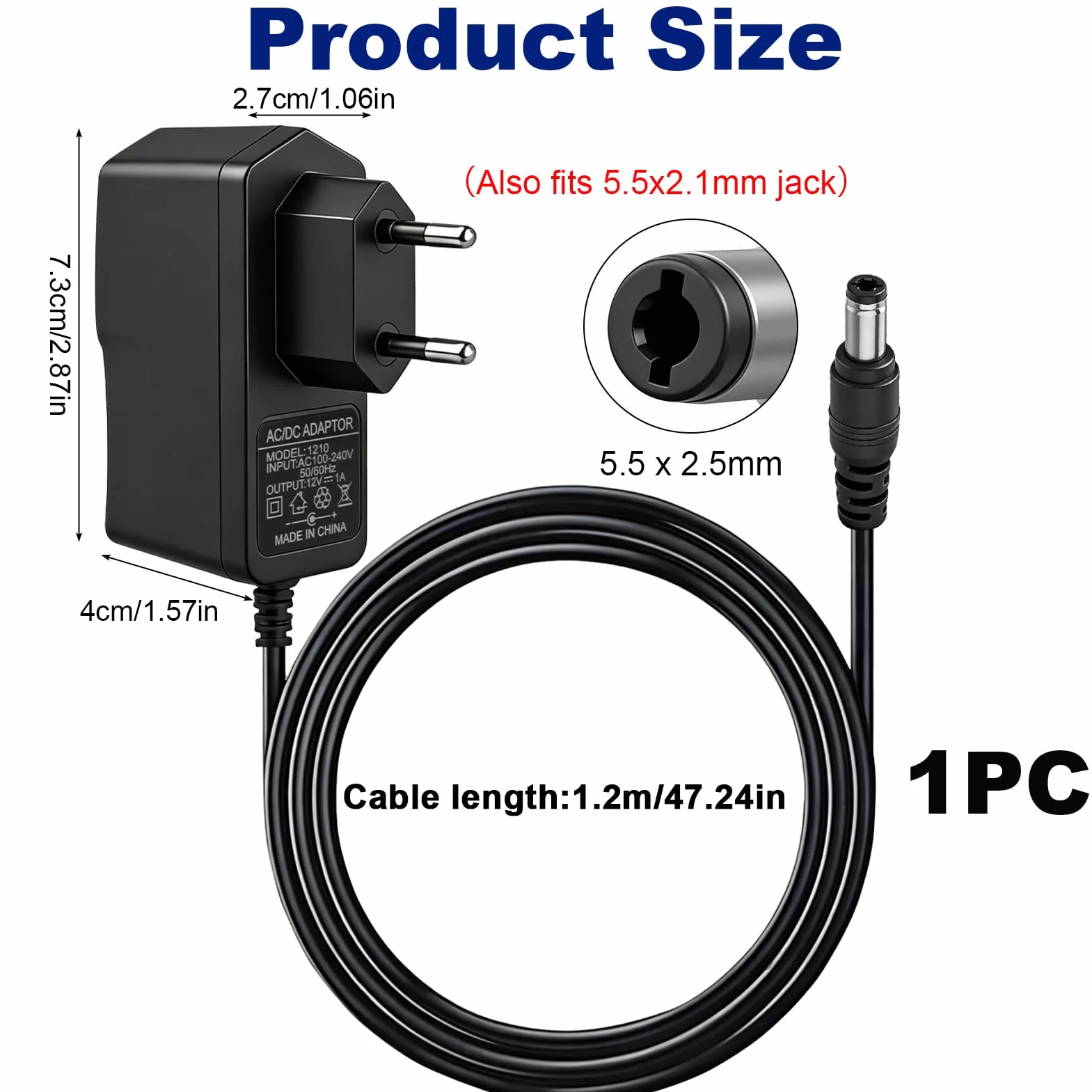 Uniwersalny zasilacz sieciowy 12 V, 12 W, zasilacz AC 100-240 V 50/60 Hz, 12 V uniwersalny zasilacz ze złączem 5,5 x 2,5 mm, ładowarka do taśm LED TV Box, router, 1 M