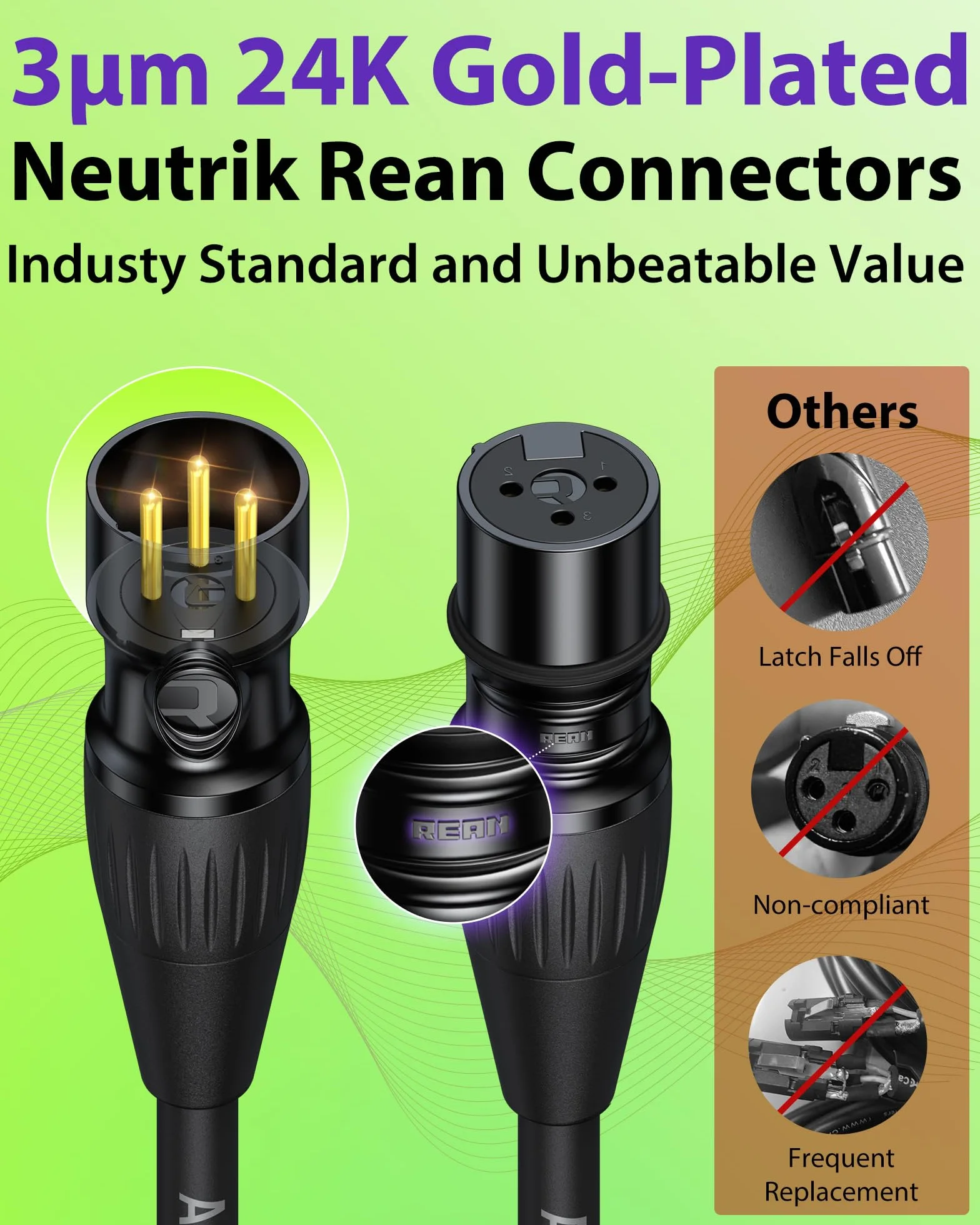 Neutrik krótki kabel XLR, 0,46 m, 2 sztuki, pozłacane wtyczki Rean firmy Neutrik, wzmocniony kevlarem, nylonowy, pleciony kabel mikrofonowy, trwały ekranowany i symetryczny wtyk XLR