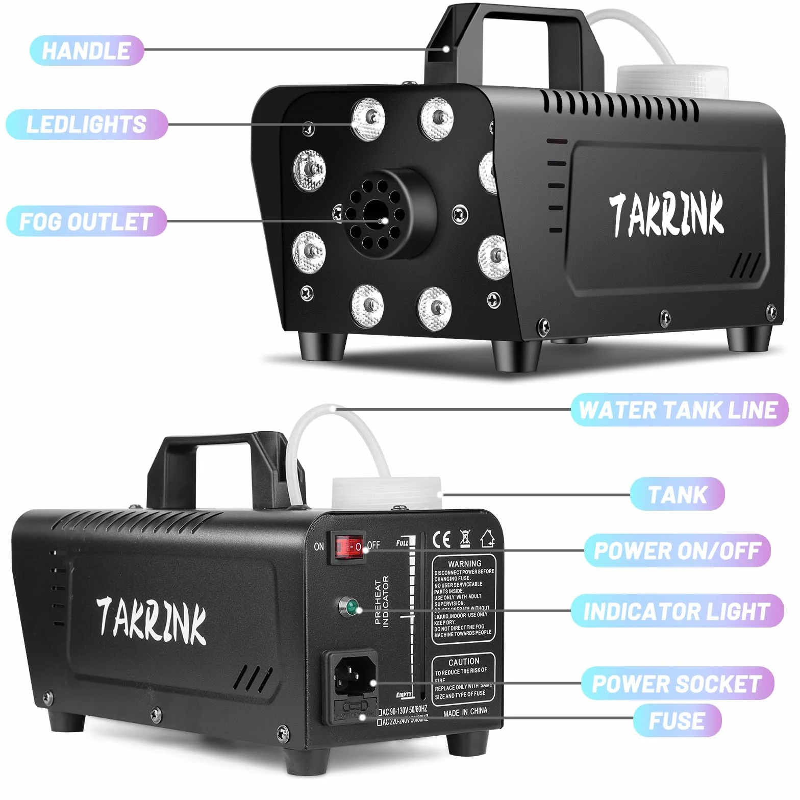 TAKRINK Pilot do Wytwornicy Dymu 900 W Przenośna Wytwornica Mgły z 8 Regulowanymi Kolorami LED