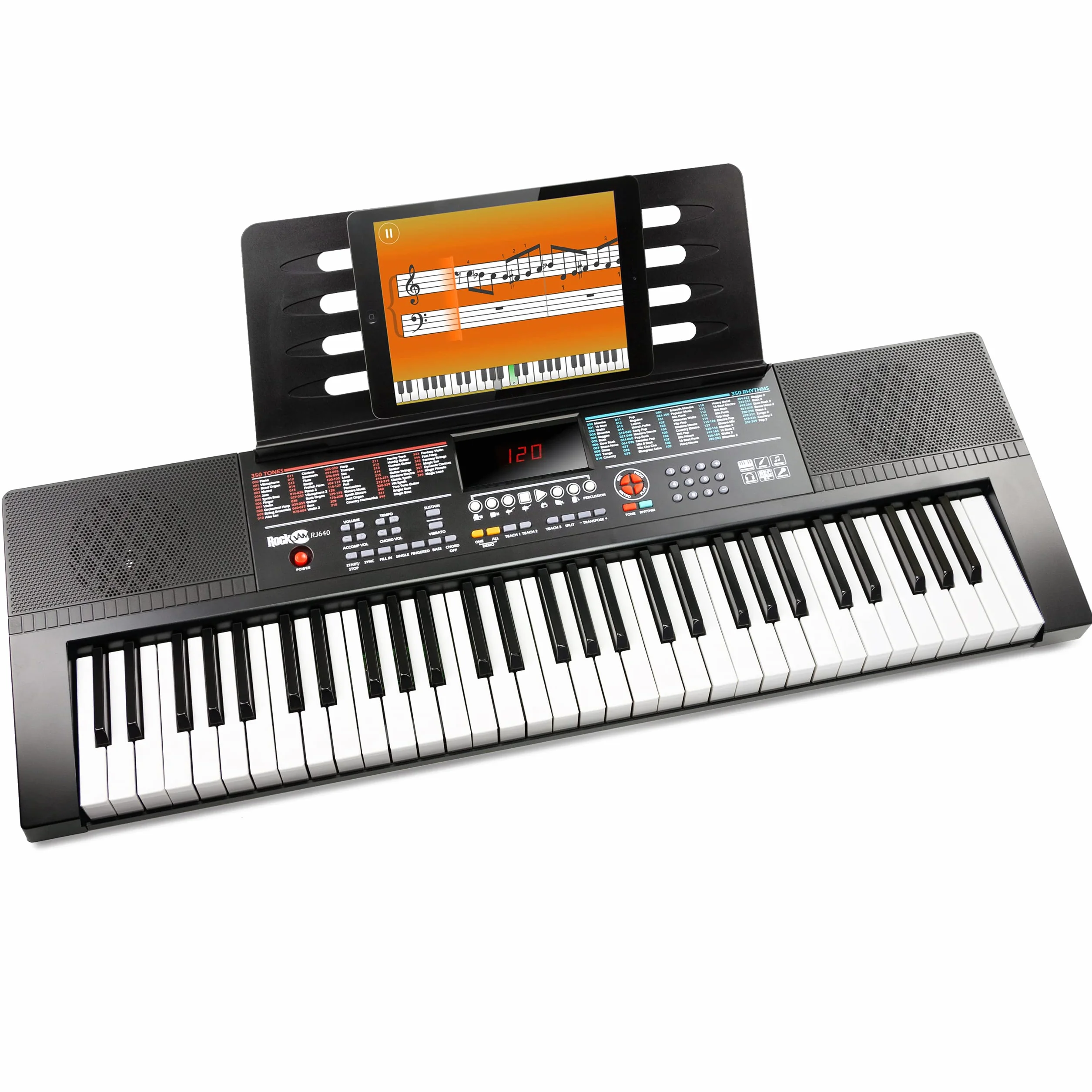 RockJam 61-Key Keyboard fortepian ze stojakiem na nuty, naklejki i lekcje