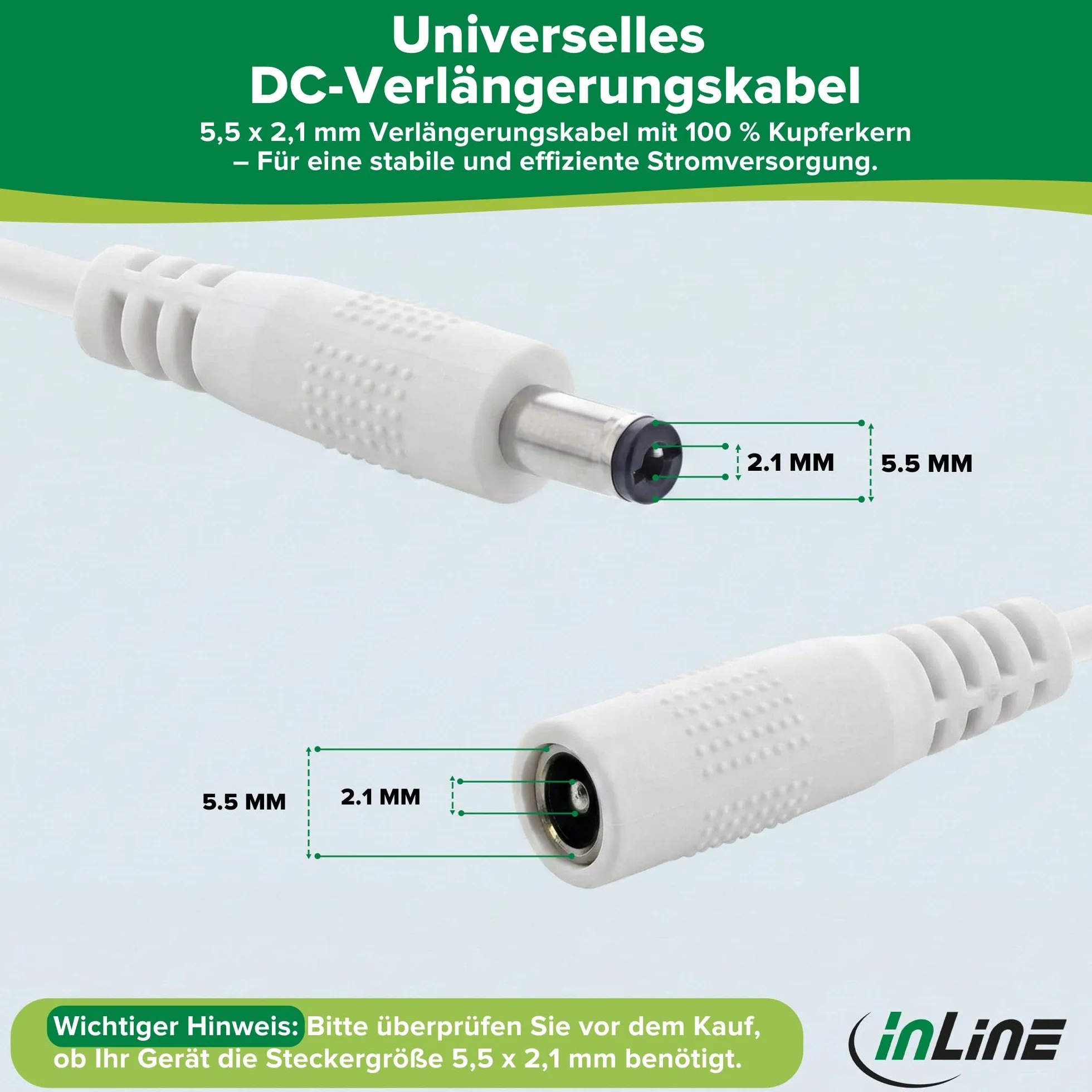 InLine - Przedłużacz DC, uniwersalny zasilacz sieciowy przedłużacz do taśm LED, kamer monitorujących, drukarek, routerów, przełączników i wielu innych, wtyk DC 5,5 x 2,1 mm, biały, 2 m