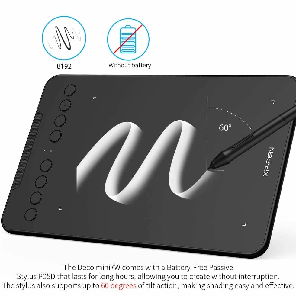 XPPen Deco Mini tablet graficzny 7 W, 2,4 G, bezprzewodowy tablet do rysowania, z nachyleniem 60°, kompatybilny z systemem Android/Windows/Mac/Chromebook