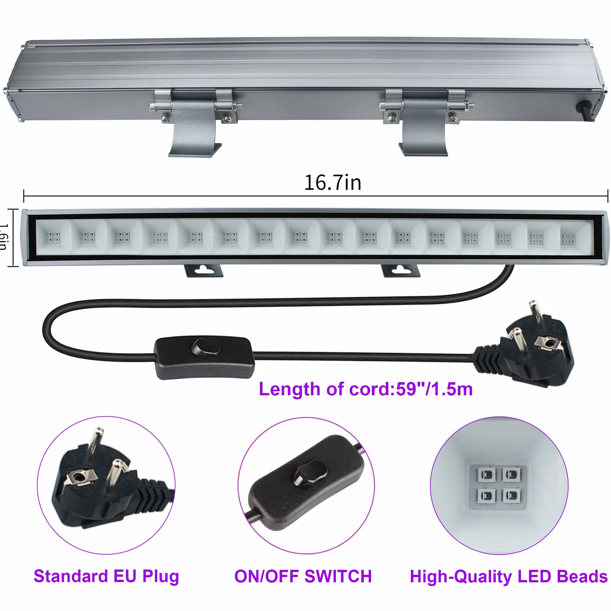 Eleganted Tuba UV LED 36 W, czarna lampa, 64 diody LED fioletowa lampa barowa IP66 Wodoodporny zewnętrzny reflektor UV oświetlenie na Boże Narodzenie wieczór makijaż fluorescencyjny malowanie ciała DJ