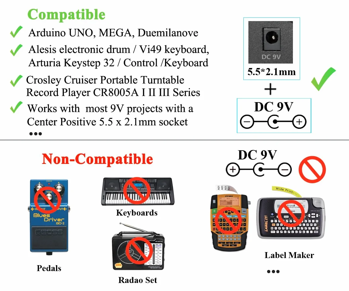 DC 9V 0.5A 500mA adapter zasilający, wtyk 5,5 mm x 2,1 mm, dodatni biegun pośrodku