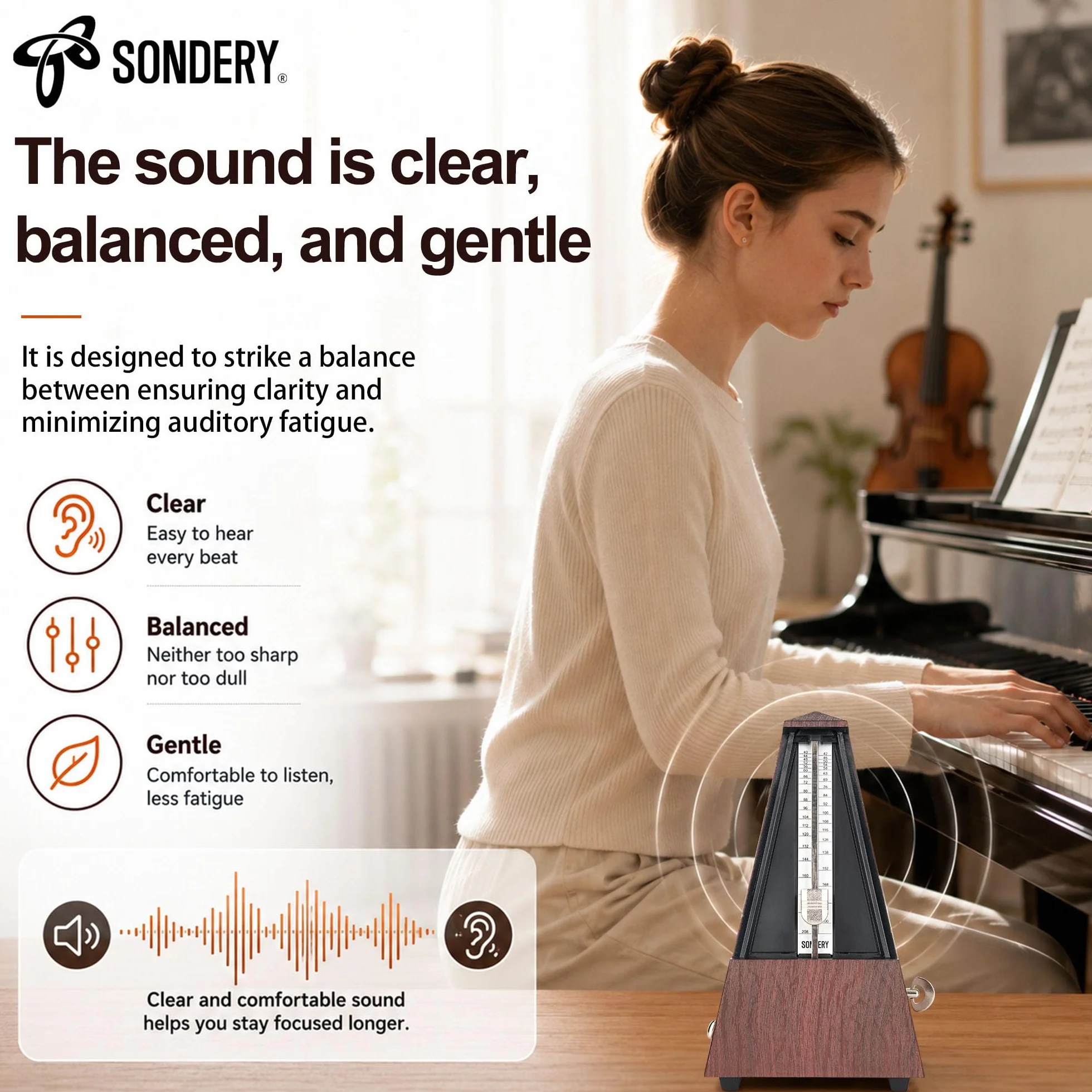 Sondery Classic Mechaniczny Metronom z dzwonkiem do fortepianu, gitary, perkusji, skrzypiec, saksofonu i wszystkich instrumentów, zakres tempa 40-208 bpm, uderzenia 02346, brązowa obudowa z wzorem
