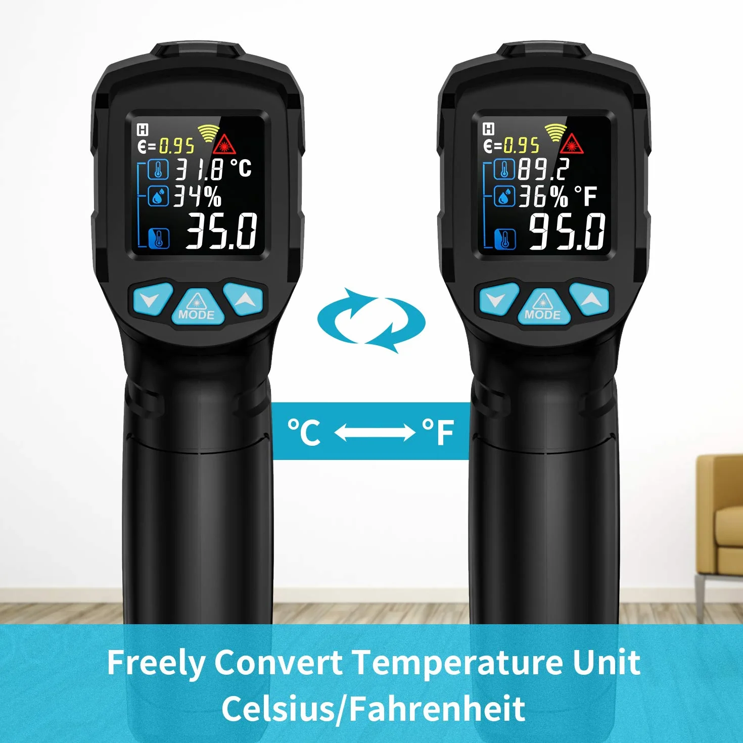 Termometr Na Podczerwień IR Pirometr Laserowy Termometr Cyfrowy Pistolet MESTEK -50°C do 550°C Bezdotykowy z Funkcją Alarmu LCD Wilgotność Otoczenia Regulowana emisyjność Gotowanie Powietrze Lodówka