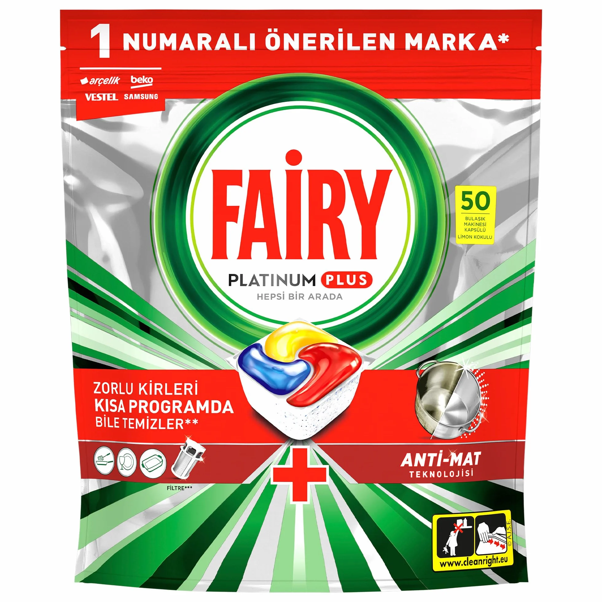 Fairy Platinum Plus, Kapsułki do zmywarki, All-in-One, Cytrynowe, 50 sztuk (2 x 25), Z funkcją nabłyszczania i ochroną szkła