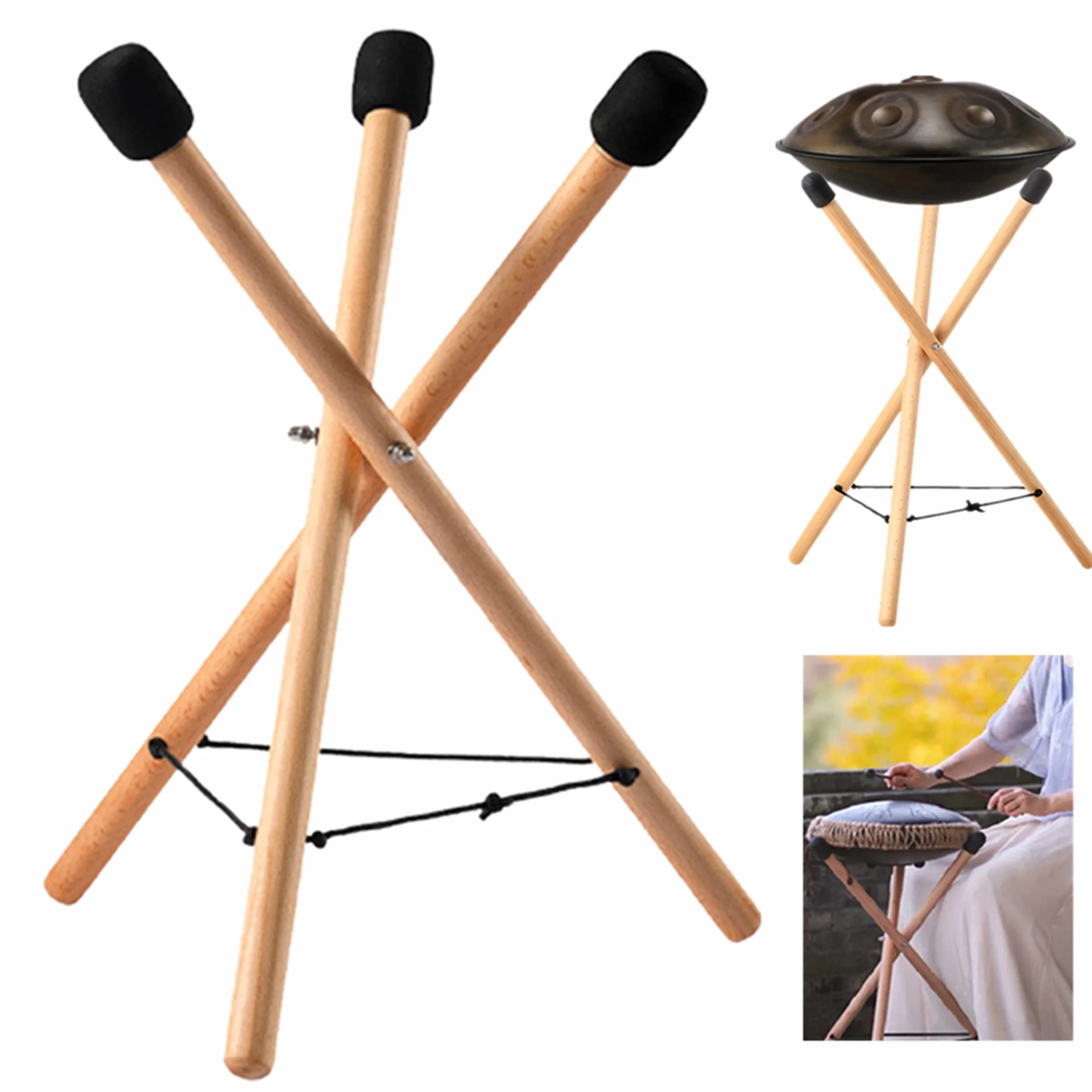 Kisbeibi Stojak na bęben ręczny, stalowy wspornik bębna językowego, regulowany uchwyt na statyw z litego drewna bukowego, uchwyt na werbel do instrumentu perkusyjnego od 12 do 22 cali