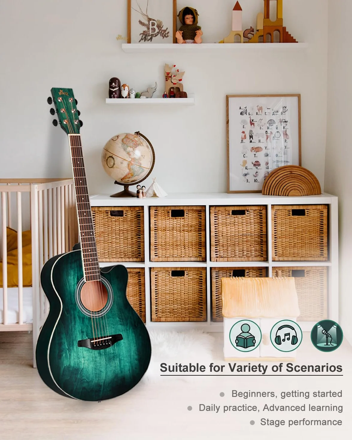 Winzz gitara akustyczna ze stalową struną, początkujący, elegancka, unikalny wzór kolorów, 100 cm, niebiesko-zielona