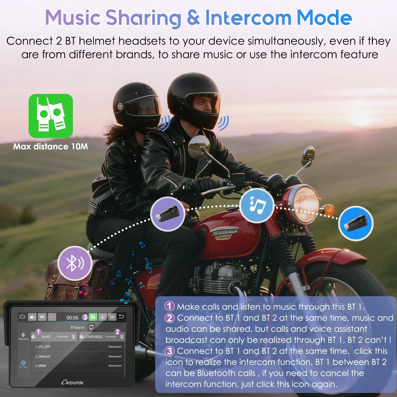 Carpuride W502TPRO do motocykli z CarPlay i Android Auto, TPMS i podwójnym Bluetooth – 5-calowy wodoodporny ekran nawigacji GPS do motocykli, interkom, korektor, czujnik światła, kompas, barometr