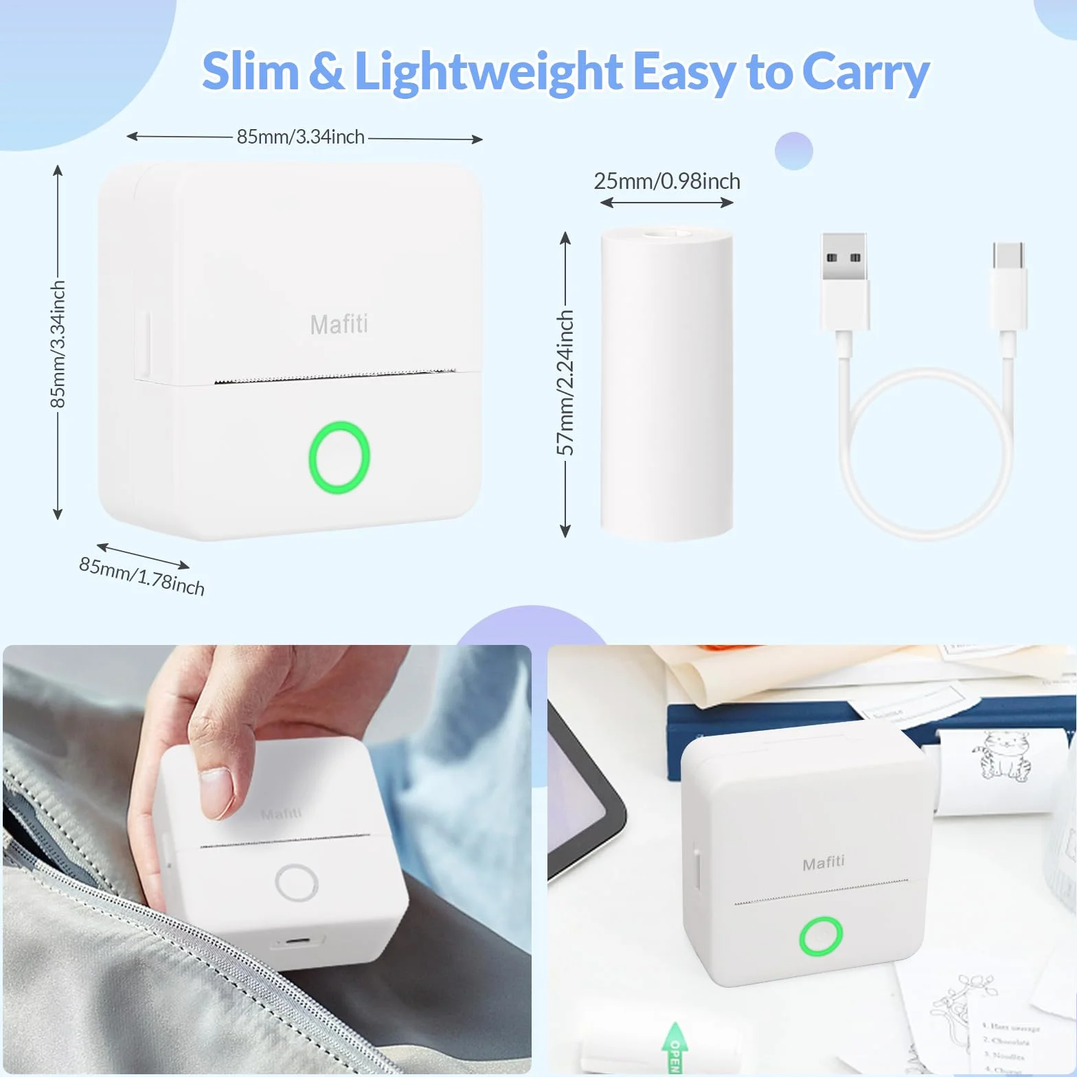 mafiti Mini termiczna drukarka fotograficzna Bluetooth, kompatybilna z systemem iOS Android, do pomocy w nauce, do biura, na etykietę paragonową, zabawa, praca, dziennik
