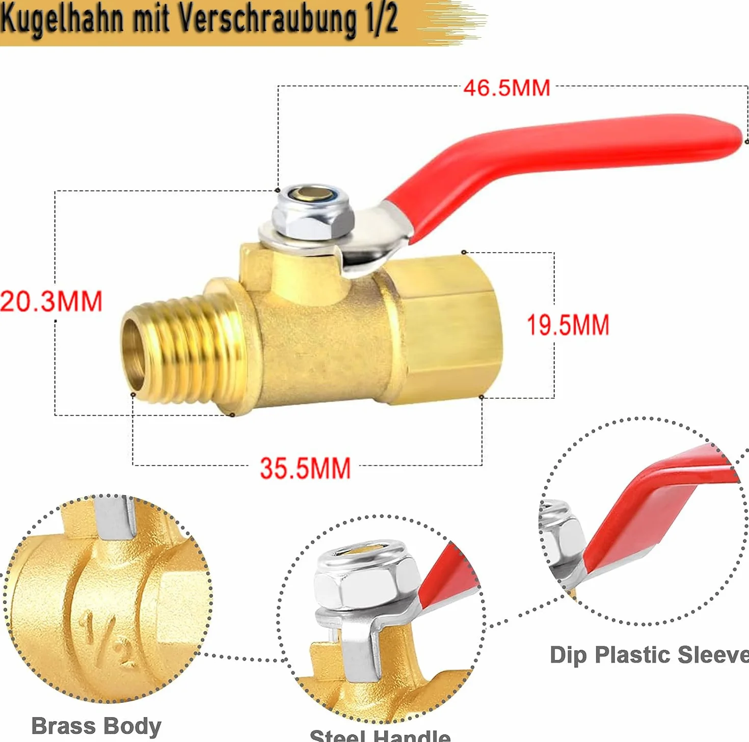 2 sztuki Zawór Kulowy 1/2 cala z mosiądzu, zawór kulowy z 1/2 cala męski x żeński, zawór odcinający wodę z uchwytem, czerwony do rur wodnych/kranów