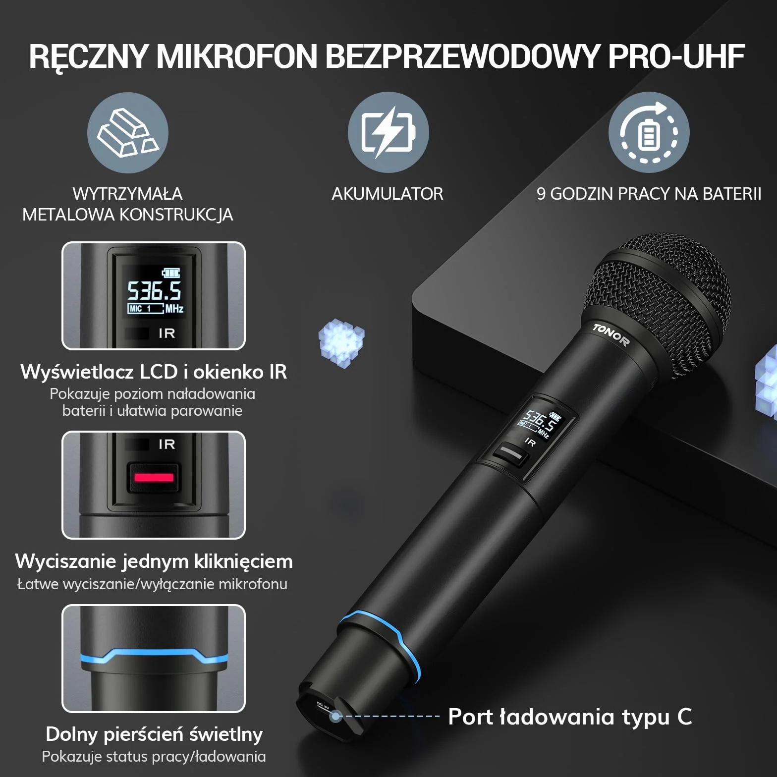TONOR Profesjonalny system mikrofonów bezprzewodowych UHF 100x2, 100 m, TW750