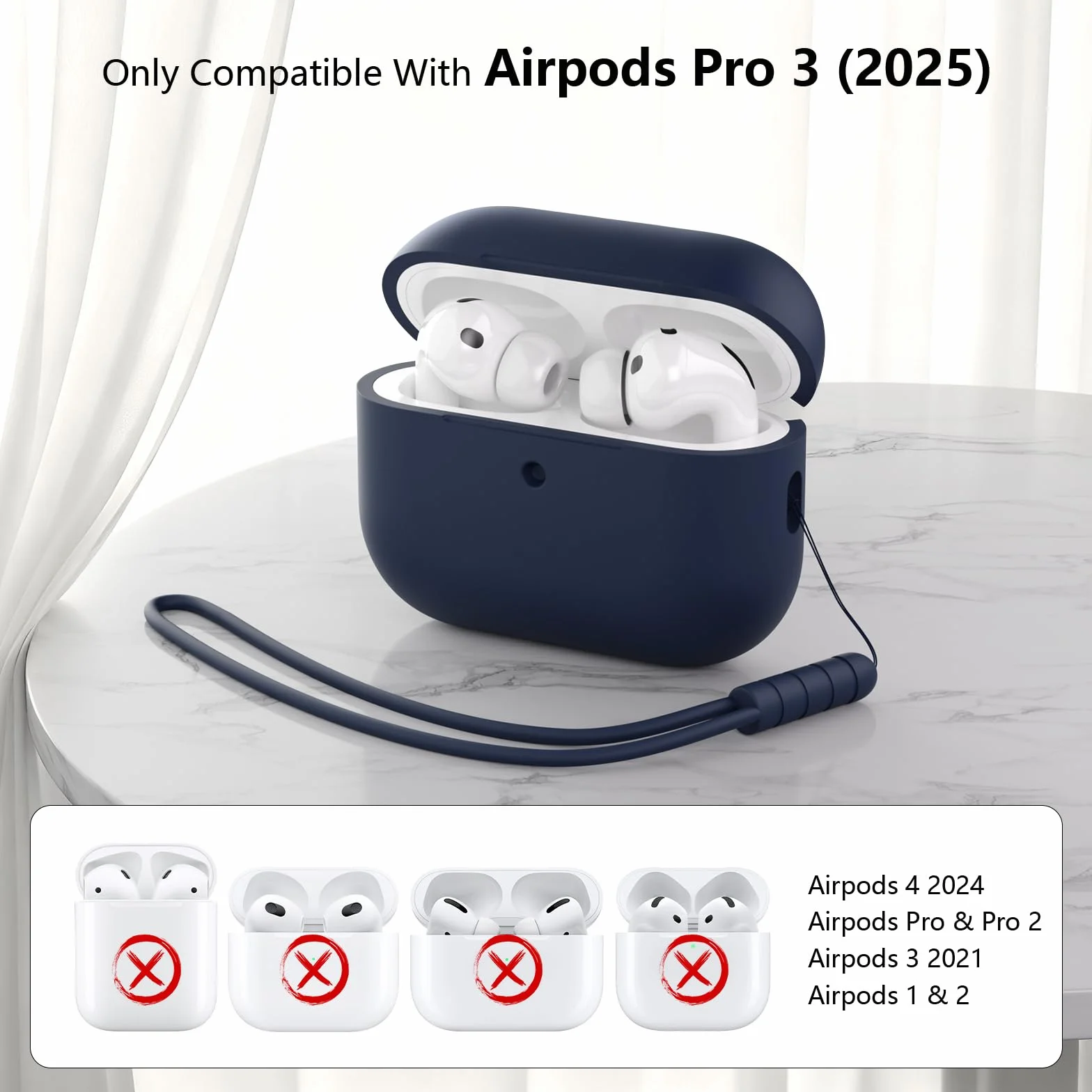 Etui ochronne kompatybilne z Airpods Pro 3 generacji, pełna ochrona, silikonowe etui do AirPods Pro 3 ze smyczą, przednia dioda LED może być widoczna, Midnight Blue
