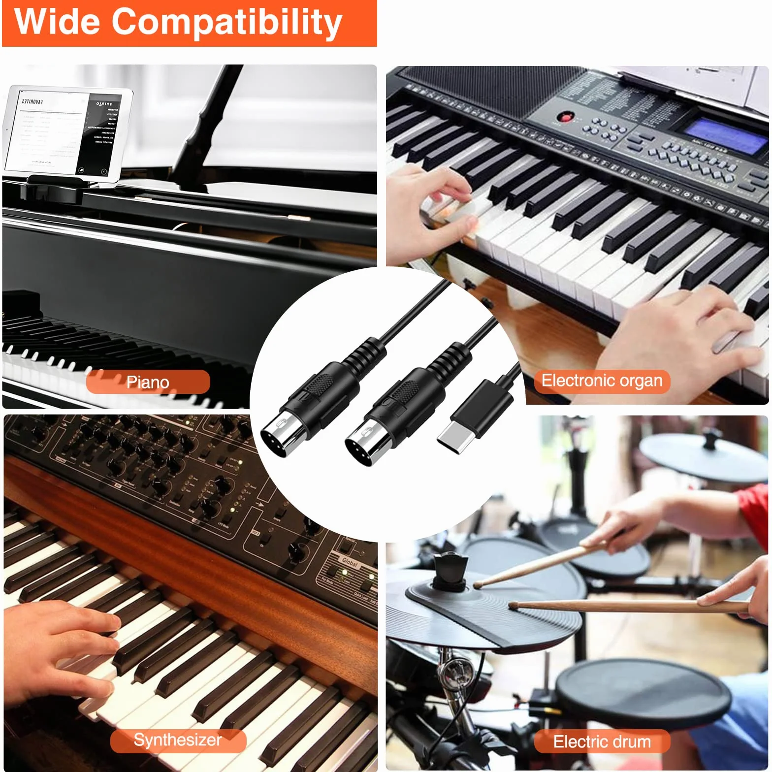 LEKATO Kabel MIDI Type-C, Adapter Typu C, Konwerter Do Kontrolera MIDI/Pianina Elektrycznego, 6,5FT (2 m)