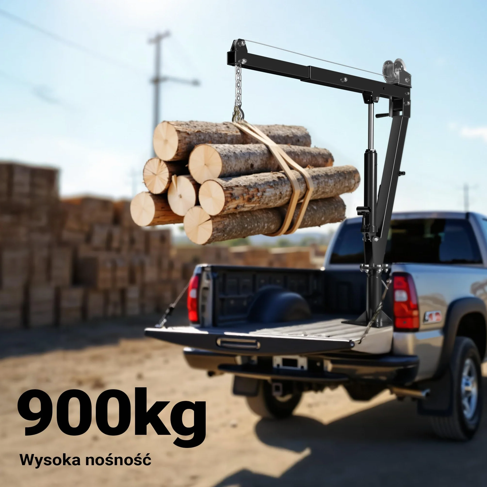Wiltec Żuraw hydrauliczny do załadunku 900 kg, obrotowy 360° z wyciągarką linową, stabilny podnośnik do pojazdów transportu, pickupów i warsztatu