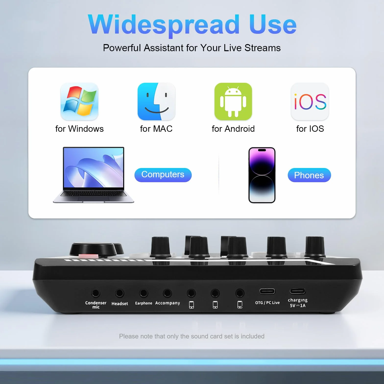Soundboard Live Sound Card Interfejs audio mikser strumieniowy z efektami dźwiękowymi Bluetooth zmieniacz głosu, karta dźwiękowa do nagrywania podcastów, streaming na żywo, YouTube, PC, smartfon