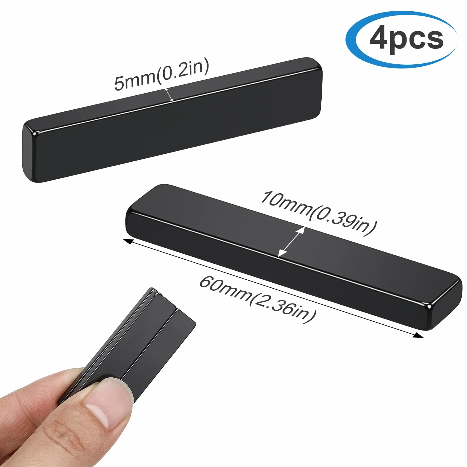 Wukong 60 × 10 × 5 mm silny neodymowy magnes płaski czarny, 4 sztuki samoprzylepny, prostokątny magnes do kuchni, biur i magazynów