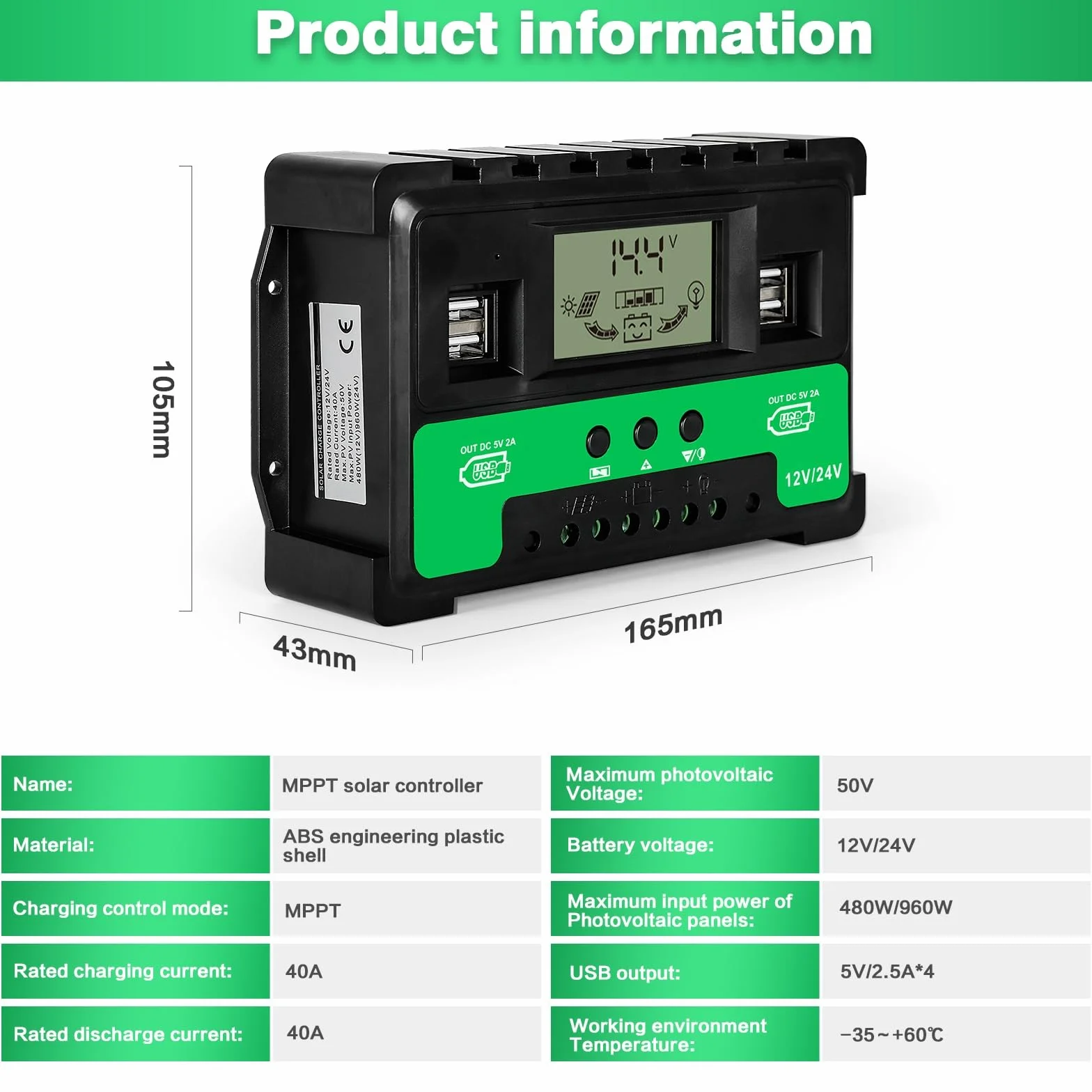 DEWIN Sterownik solarny, MPPT, regulator ładowania solarnego, 4 porty USB, 12 V, 24 V, regulator ładowarki akumulatora do akumulatora kwasowo-ołowiowego (40 A)