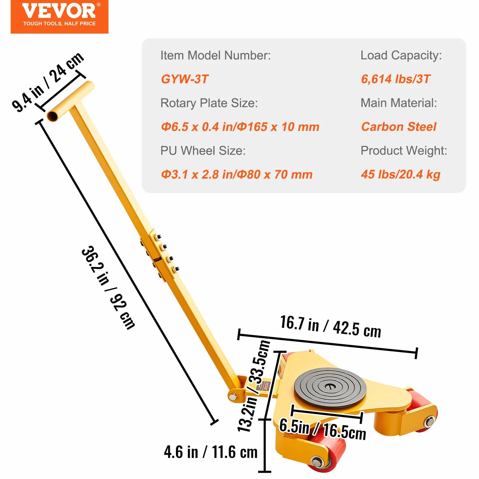 VEVOR 3T Zawieszenie transportowe z uchwytem 425 x 335 x 116 mm, rolki transportowe ze stali węglowej, rolki przemysłowe z 3 x 360° koła PU, średnica 165 x 10 mm, płyta obrotowa, pomoc w transporcie
