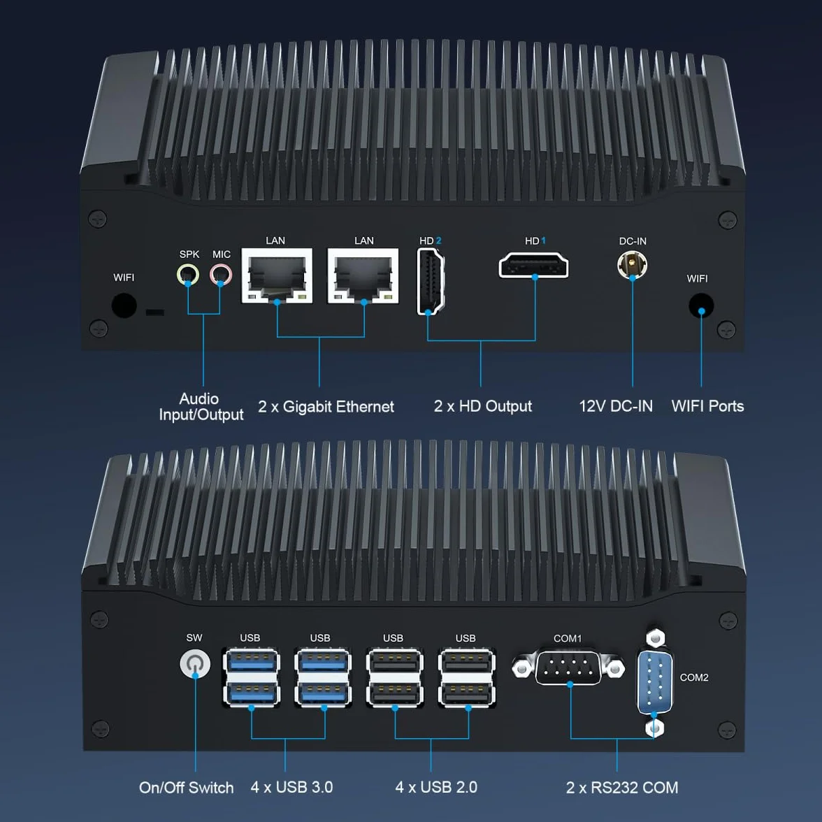 WEIDIAN Industrial Mini PC bez wentylatora Win11 Pro Core i5 8350U 16GB RAM 512GB SSD Mini Komputer 4K 2HD, 2x RS232 COM, 2x Gigabit Ethernet, 8USB VESA Komputer przemysłowy Auto Power On Wake on LAN