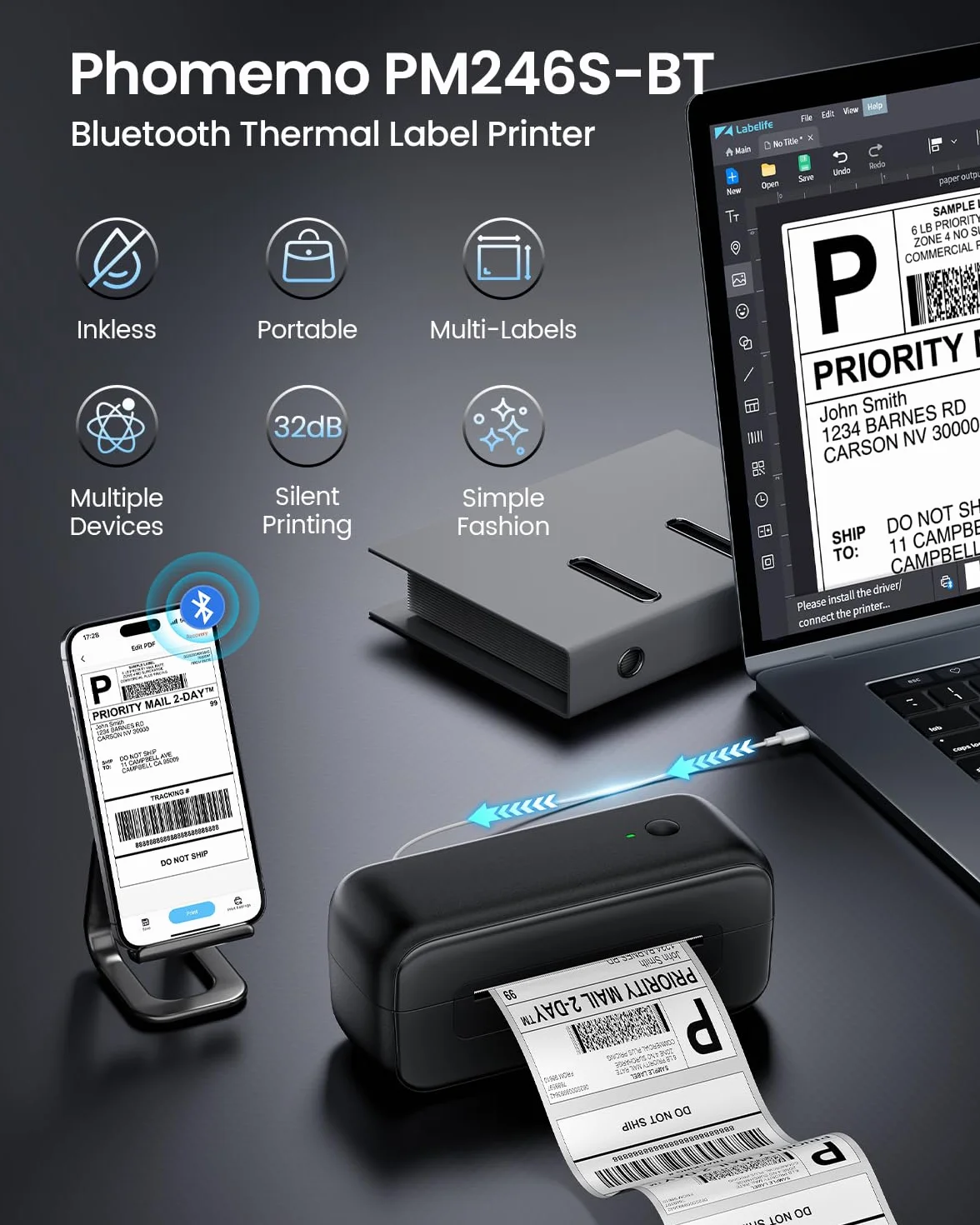 Phomemo Bluetooth Drukarka Etykiet Wysyłkowych,246BT Drukarka Etykiet Termicznych 4x6,Bezprzewodowa Drukarka do Przesyłek Pocztowych,Adresów,Logo,Kompatybilna z Ebay,Etsy,Amazon,Shopify Itp(Czarny)