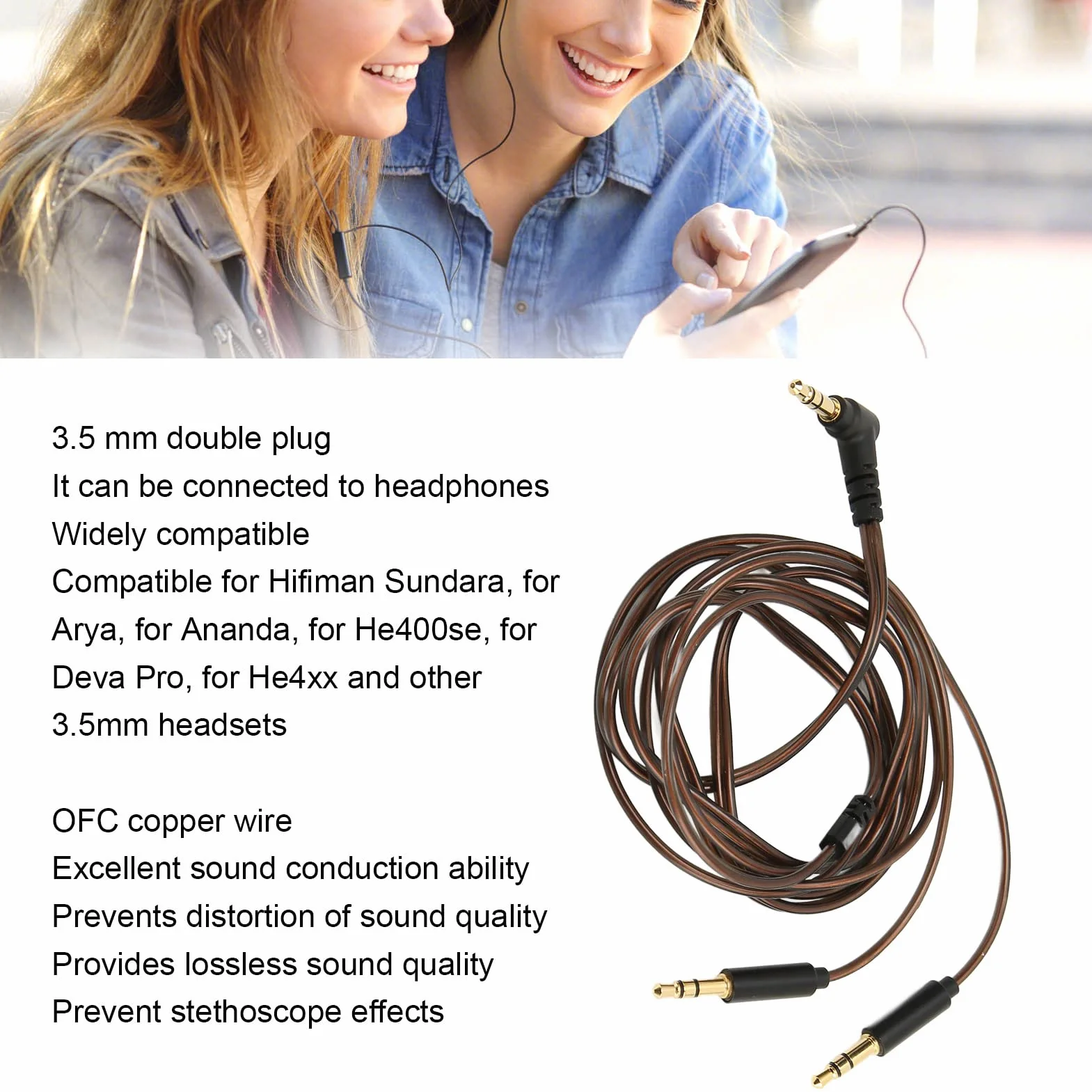 Kabel zamienny do Hifiman Sundara, Arya, Ananda, He400se, Deva Pro, He4xx i innych zestawów słuchawkowych 3,5 mm (wersja 3,5 mm do podwójnego 3,5 mm), 1,2 m