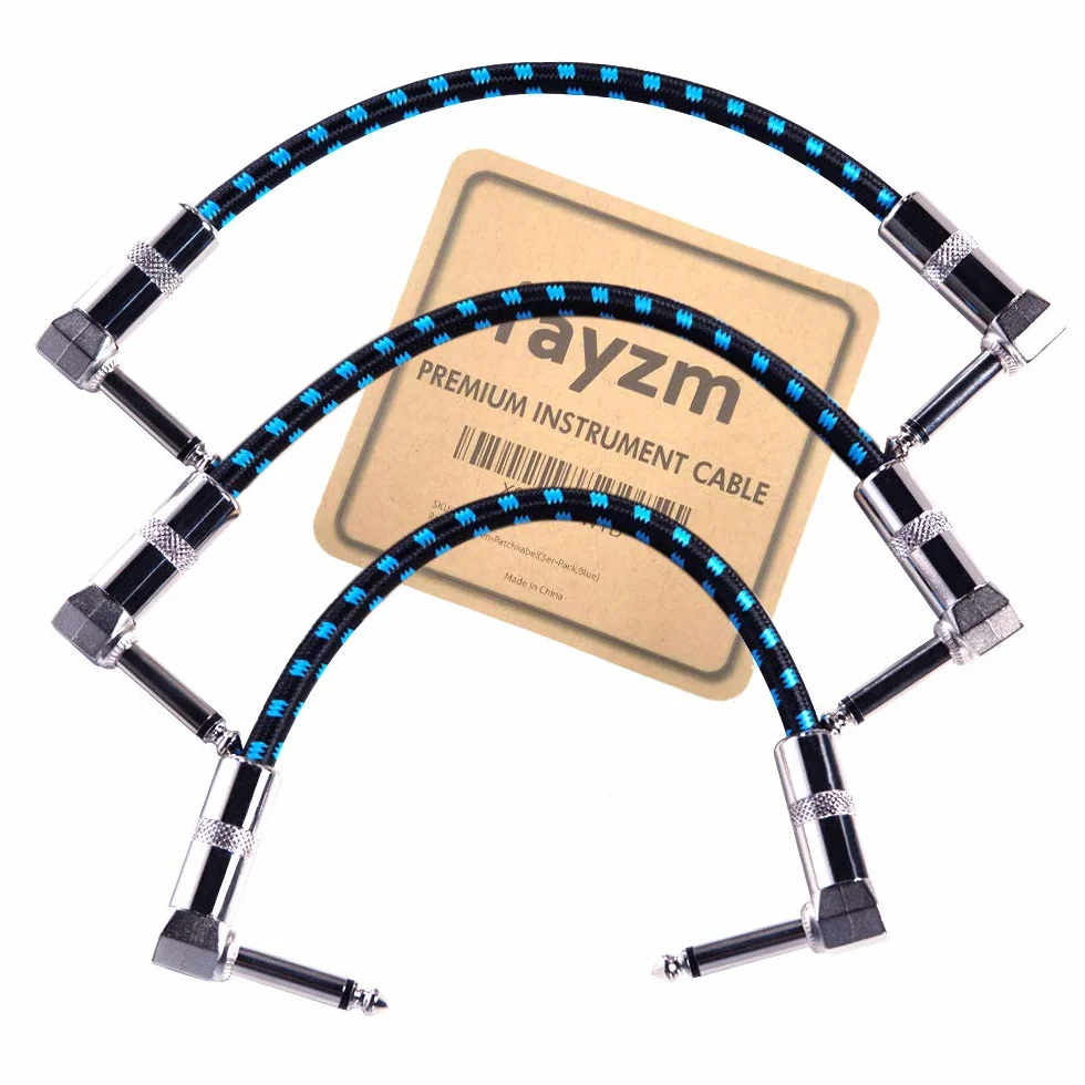 Rayzm kabel łatacz gitarowy - 6,35 mm bezgłośny 15 cm kabel łatacz do efektów gitarowych i basowych, kabel łatacz kątowy męski TS mono do instrumentów i efektów pedałowych (opakowanie 3 sztuki)