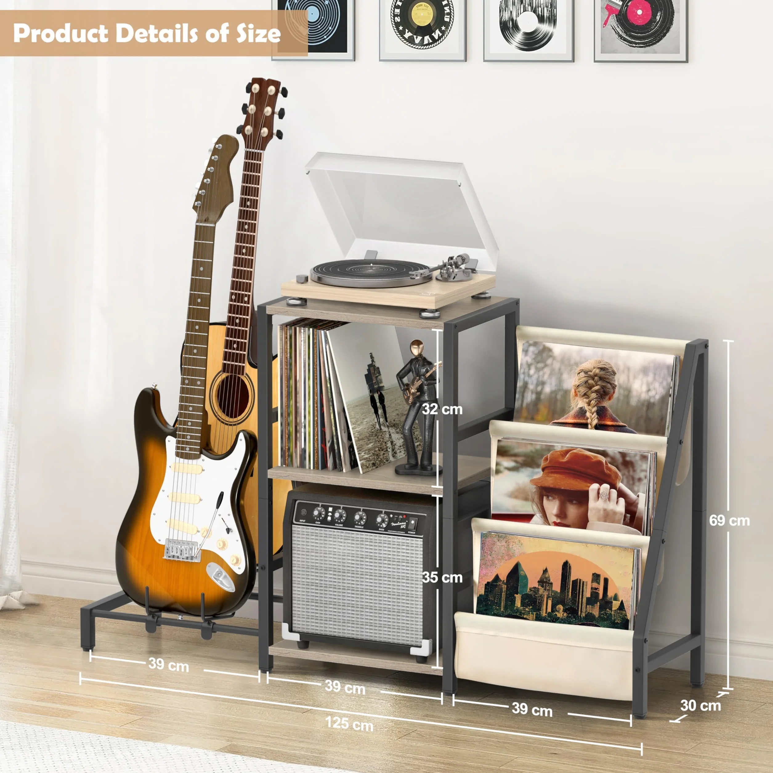 Stojak na Gramofon z 3 Poziomami Przechowywania Winyli i Stojakiem na Gitarę, Biały