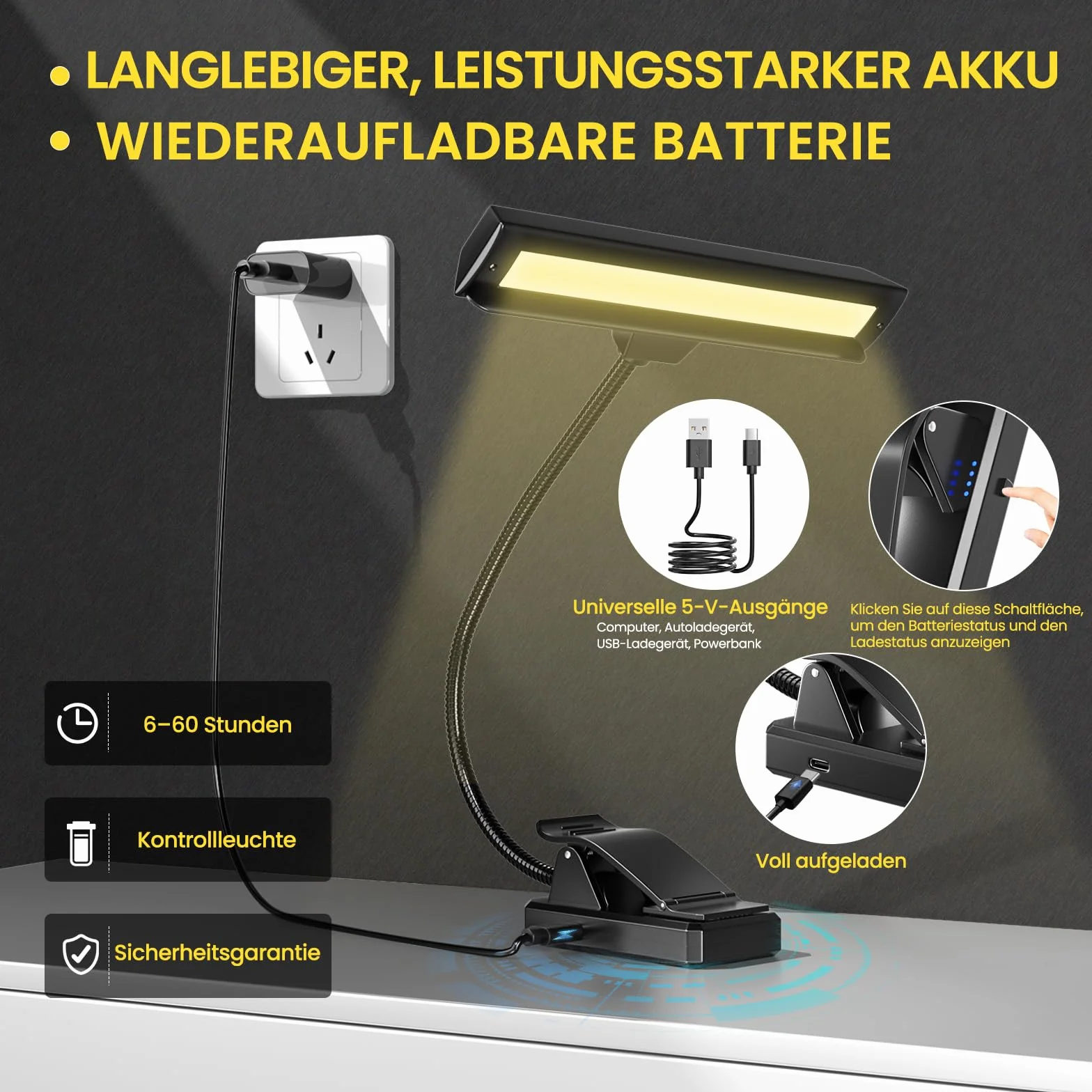 19 diod LED do stojaka, lampka do czytania z klipsem na stojak, ładowana przez USB, 3 kolory i 5 jasności, idealne prezenty muzyczne, idealne na fortepian, czytanie, orkiestrę