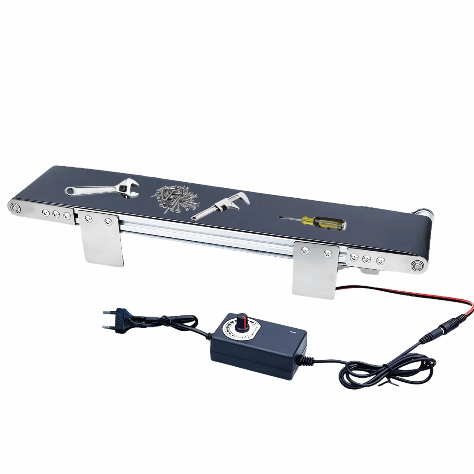 Mini przenośnik ze stali nierdzewnej, DC 12 V, elektryczna taśma przenośnikowa z regulacją prędkości, automatyczny przenośnik z adapterem, nadaje się do urządzeń eksperymentalnych z tarciem, 49 x 10