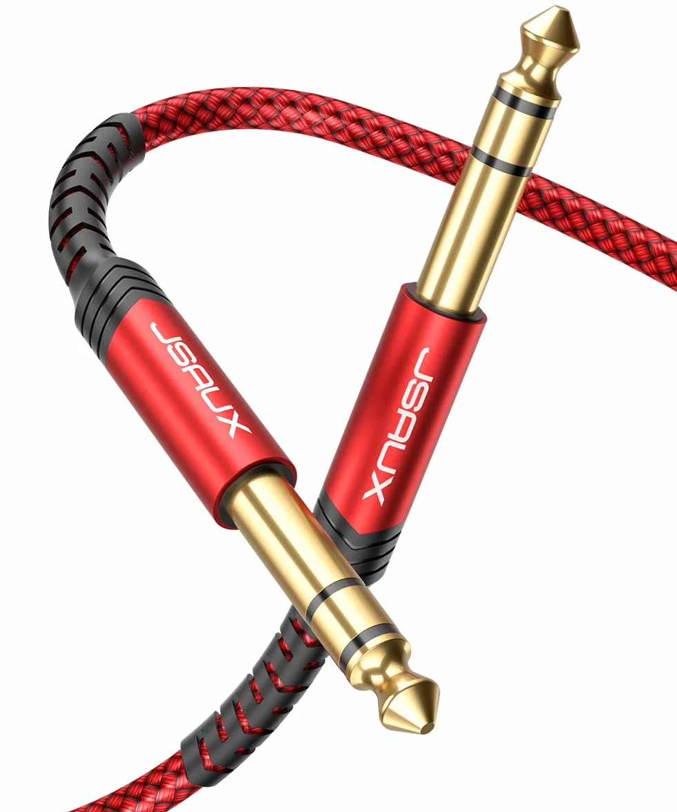 JSAUX Kabel Gitarowy 3M, 1/4" 6.35mm do 6.35mm TRS Stereo Audio Gitarowy Przewód Nylonowy Warkocz Jack Instrumentowy Kabel dla Gitary Elektrycznej, Basu, Wzmacniacza, Klawiatury - Czerwony