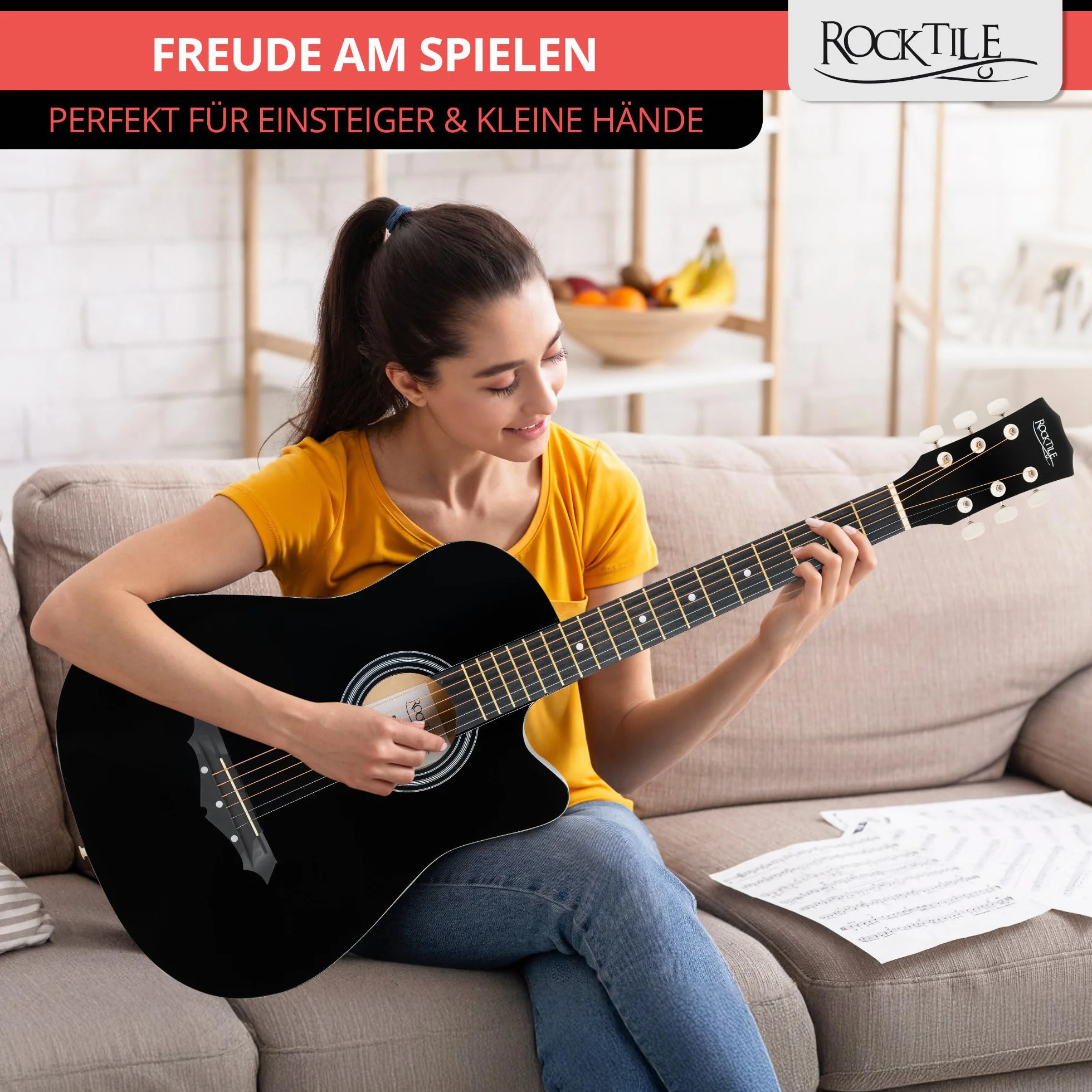Rocktile WSD-5C-BK Slim Line zestaw gitar westernowych, gitara akustyczna Dreadnought - gitara westernowa z korpusem z lipy - szyja: Catalpa - zestaw z torbą, strunami zapasowymi, paskiem i kostkami
