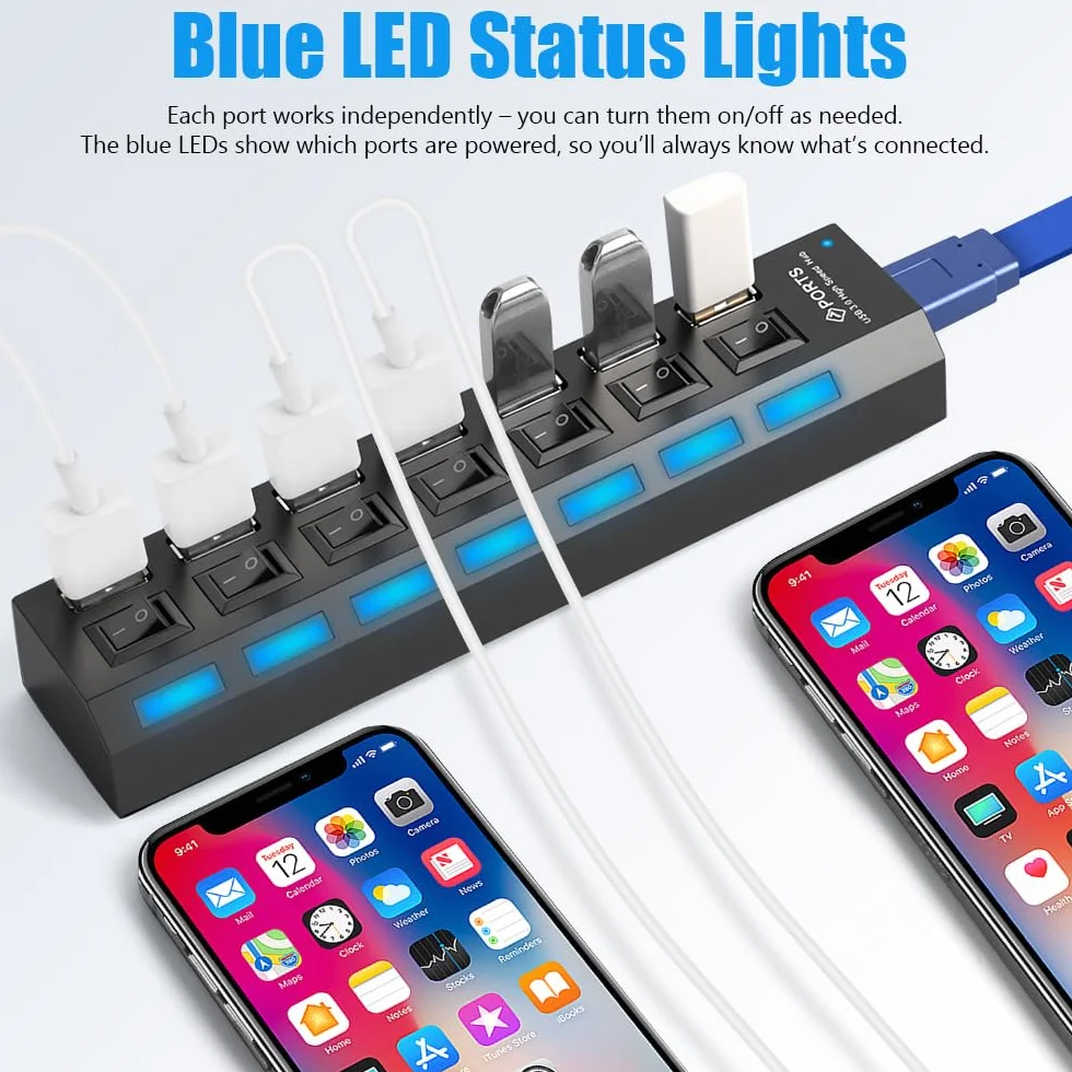 OFFCUP Hub USB 7 portów z zasilaczem, rozdzielaczem USB, aktywnym hubem USB 3.0+2.0 z indywidualnymi przełącznikami i wyświetlaczem LED, plug & play, do laptopów, komputerów MacBook i innych urzą