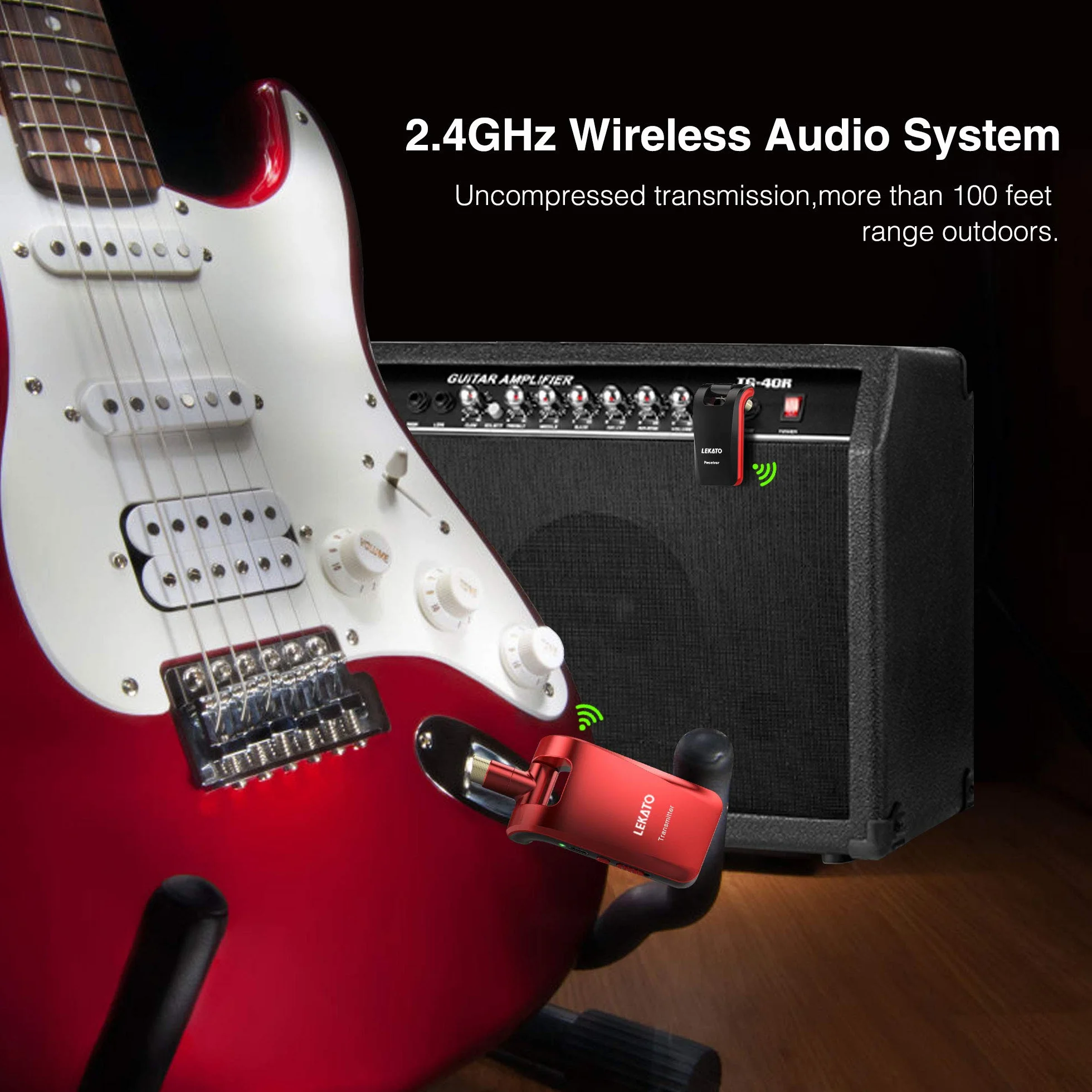 LEKATO Stereo 2,4 GHz bezprzewodowy transmiter gitarowy z wtykami 1/4" i 1/8" do instrumentów dźwiękowych, mono/stereo, wielokrotnego ładowania