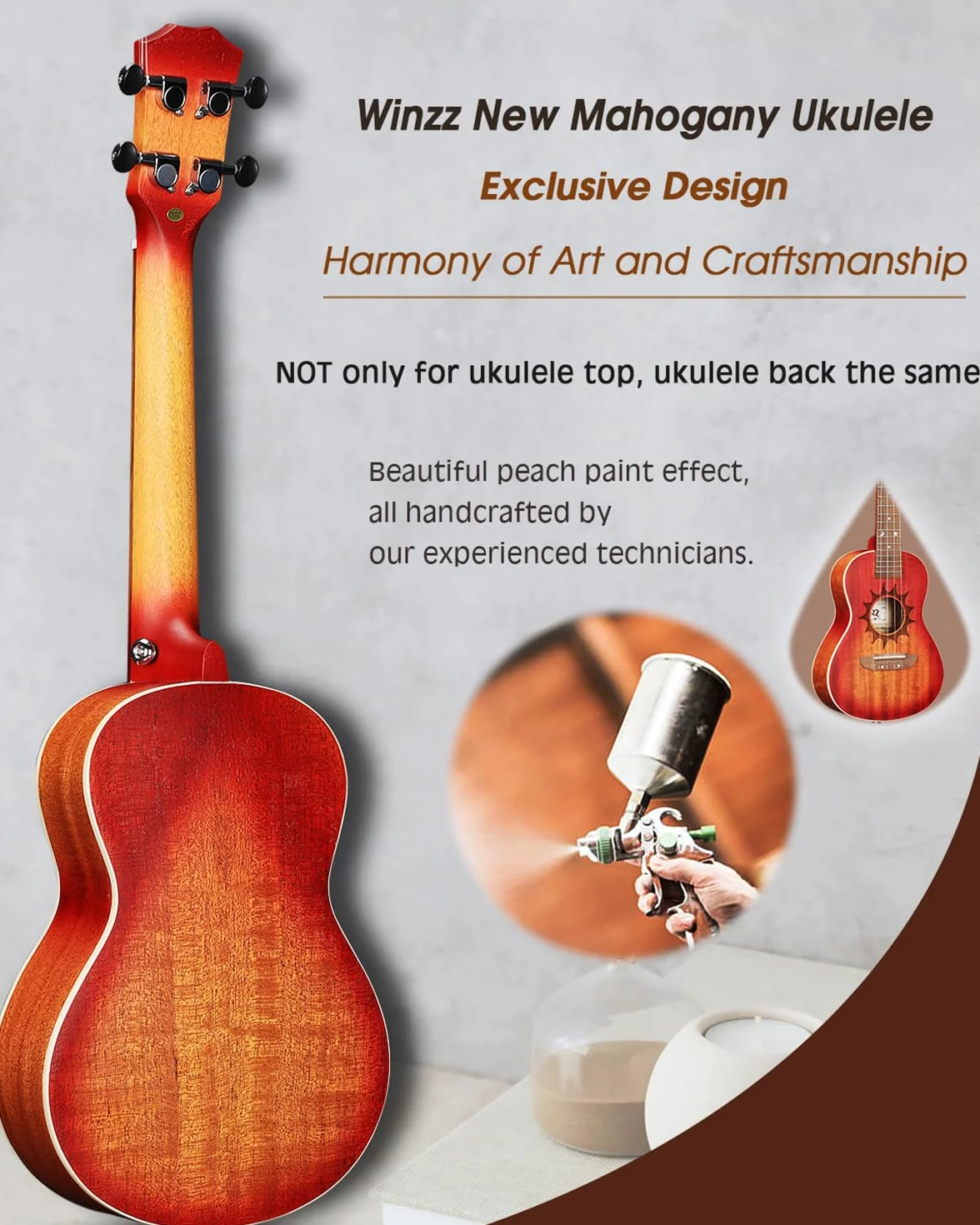 Winzz Ukulele sopranowe dla dorosłych i dzieci - 53 cm mahoń, struny węglowe, matowy sunburst
