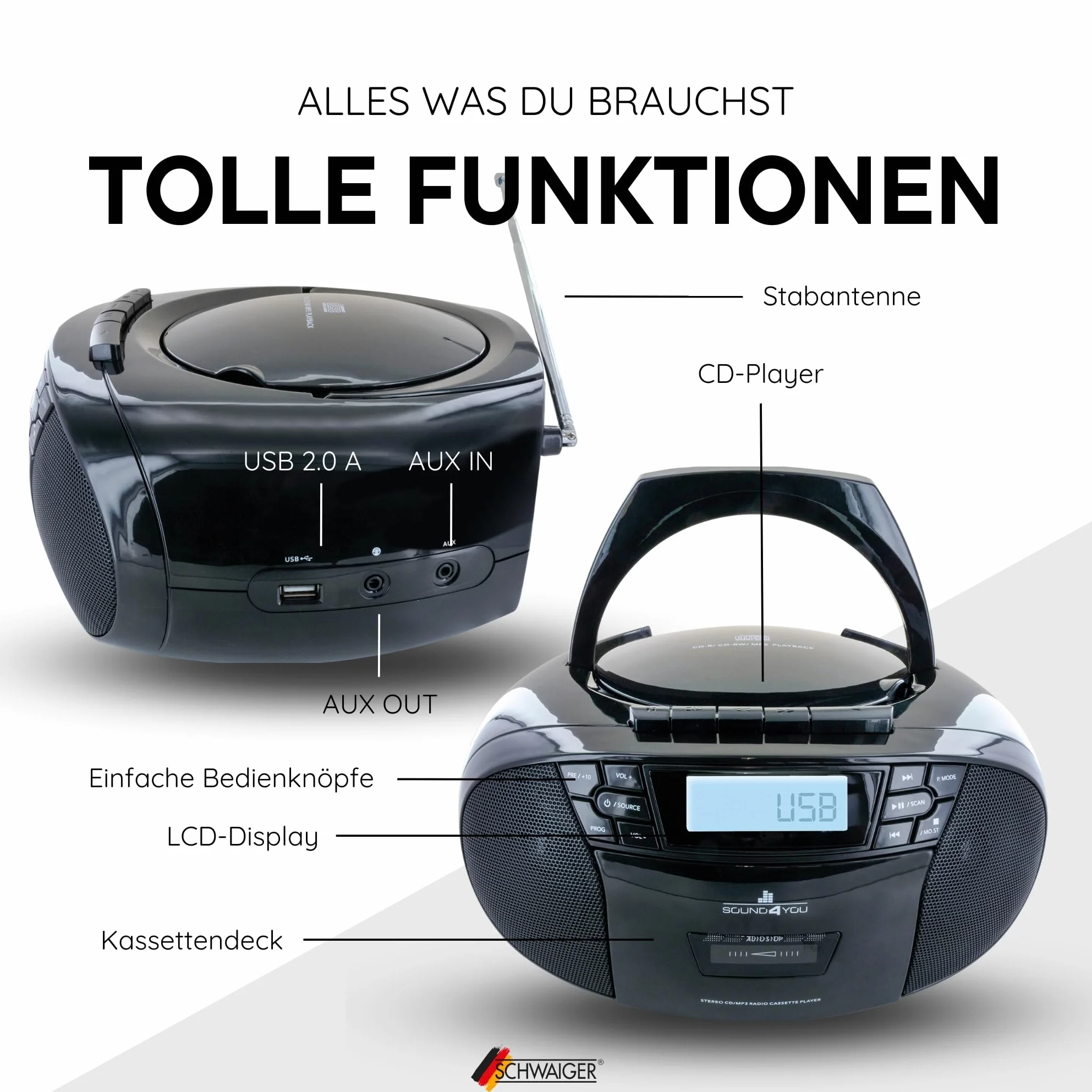 SCHWAIGER -658026- Przenośny odtwarzacz CD z kasetami i radiem | MP3 | Złącze USB | Radio FM | Słuchawki AUX | Boombox | Stereo | do domu i w podróży | Zasilanie sieciowe i akumulatorowe | Wyświetlacz