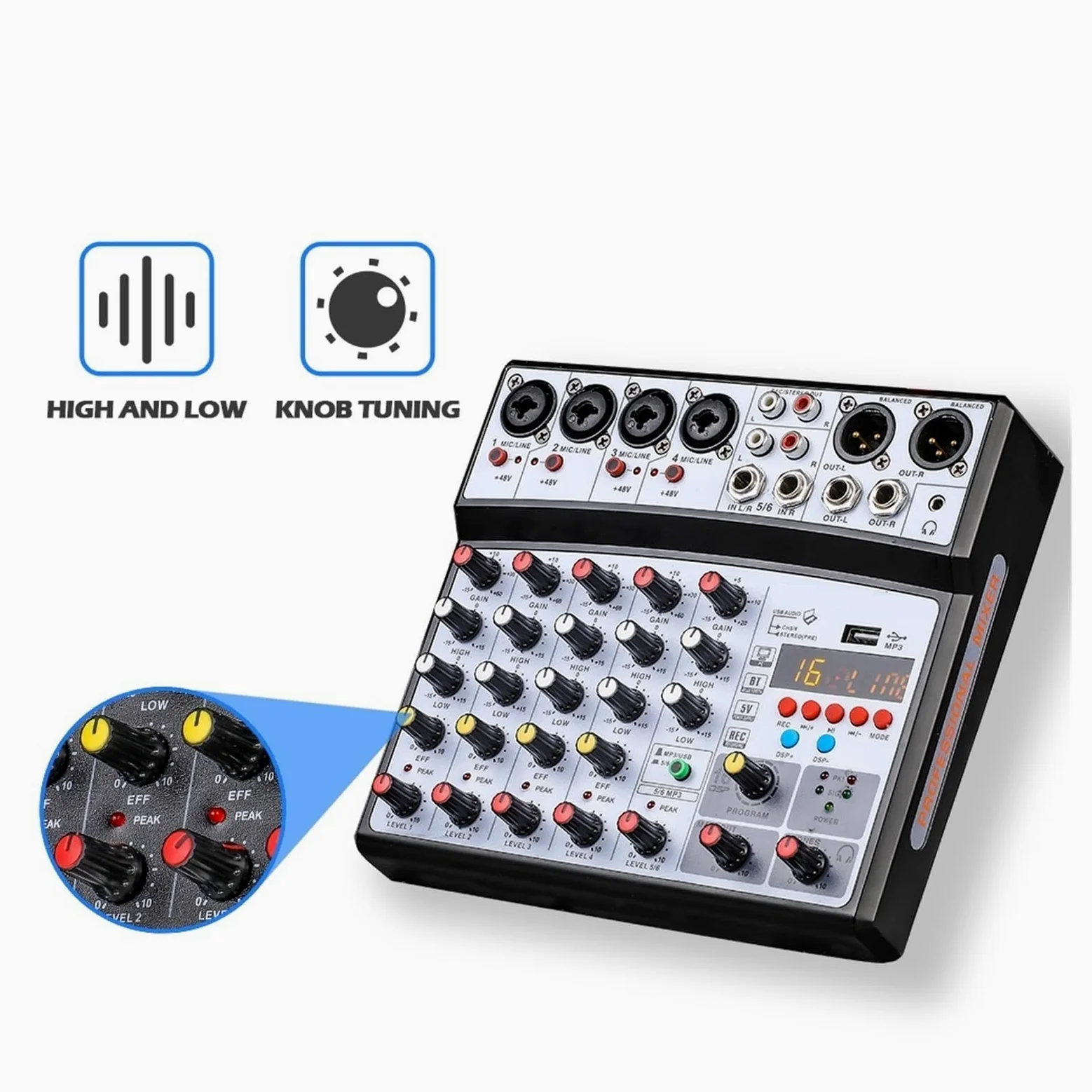 Mikser audio Bezprzewodowy 6-kanałowy Mikser Audio Przenośna Konsola Miksująca Interfejs USB Karta Dźwiękowa Z 16 DSP Echo 48V Zasilanie Phantom(06D-White)