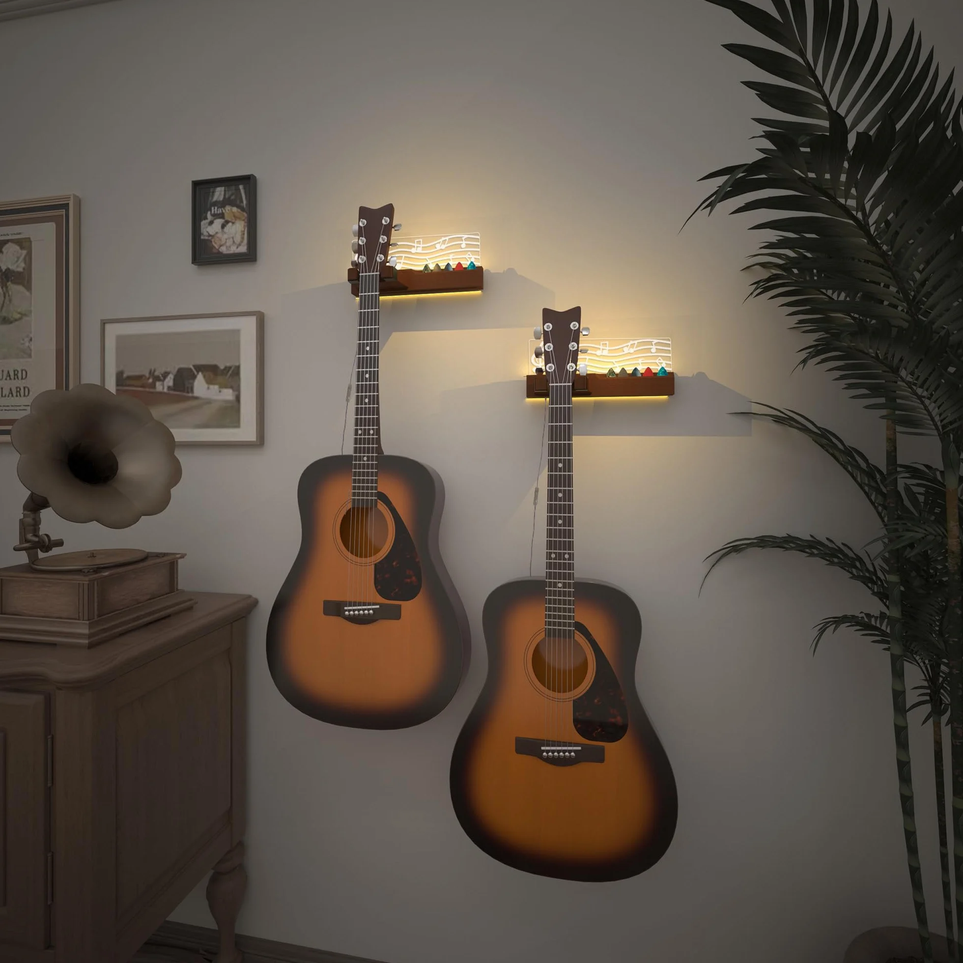 YuanDian Podświetlany uchwyt ścienny do gitary z uchwytem na kostkę, drewniany wieszak na gitarę, zasilany przez USB, do akustyki, elektrycznego, basu, ukulele, wyświetlania mandoliny i