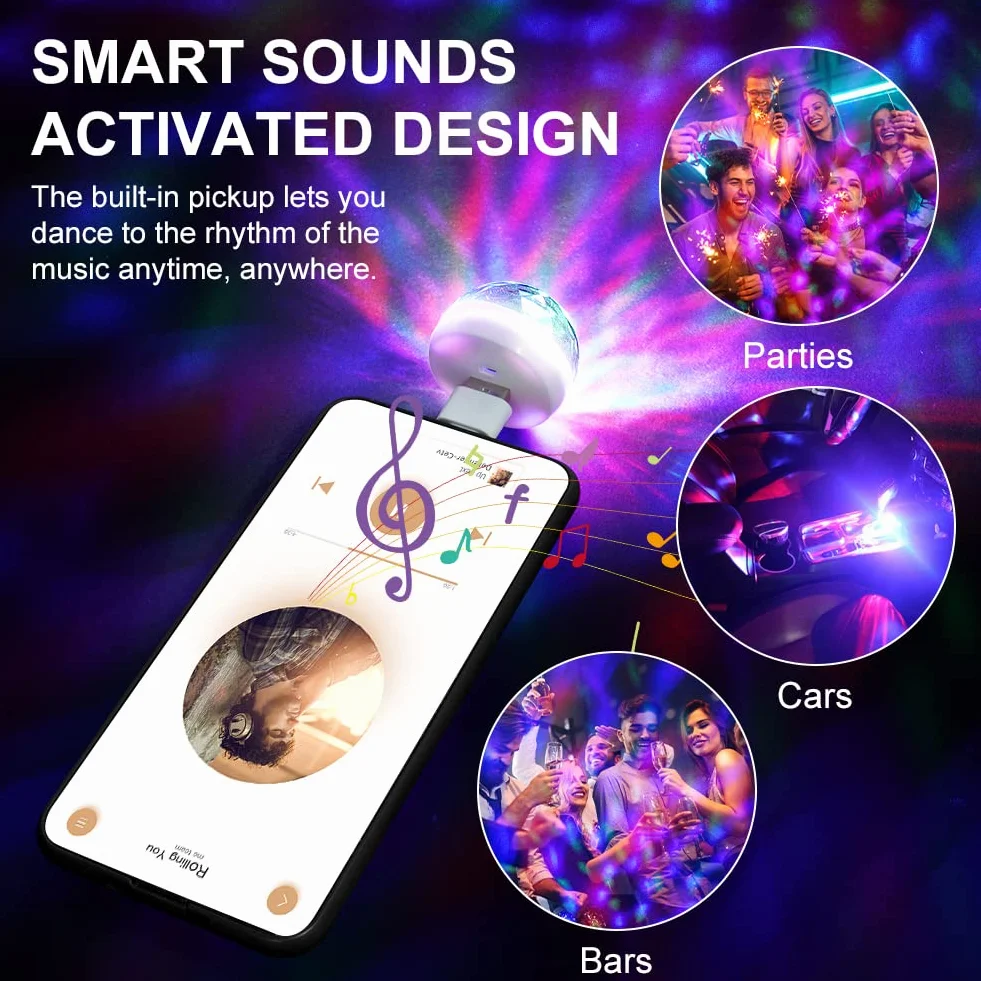 URAQT USB Disco Lights, 3 szt. Mini Disco Ball Lights, wielokolorowe LED nastrojowe światła samochodowe, lampa RGB Disco, z 3 adapterami, odpowiednie na imprezę, klub, urodziny, karaoke