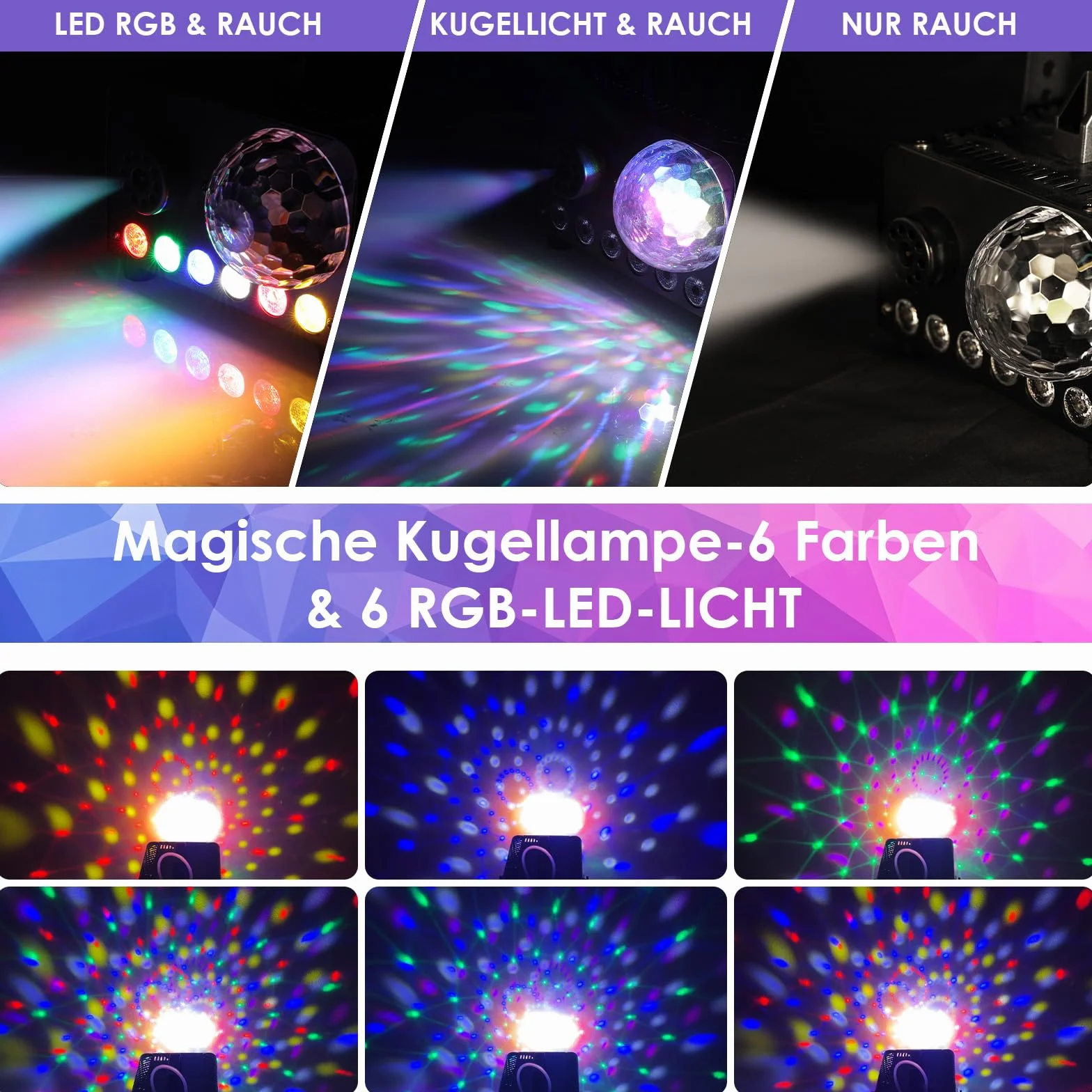 Fog Machine 600W 5000 CFM z Kulą Dyskotekową 6 LED RGB, Wytwornica Dymu