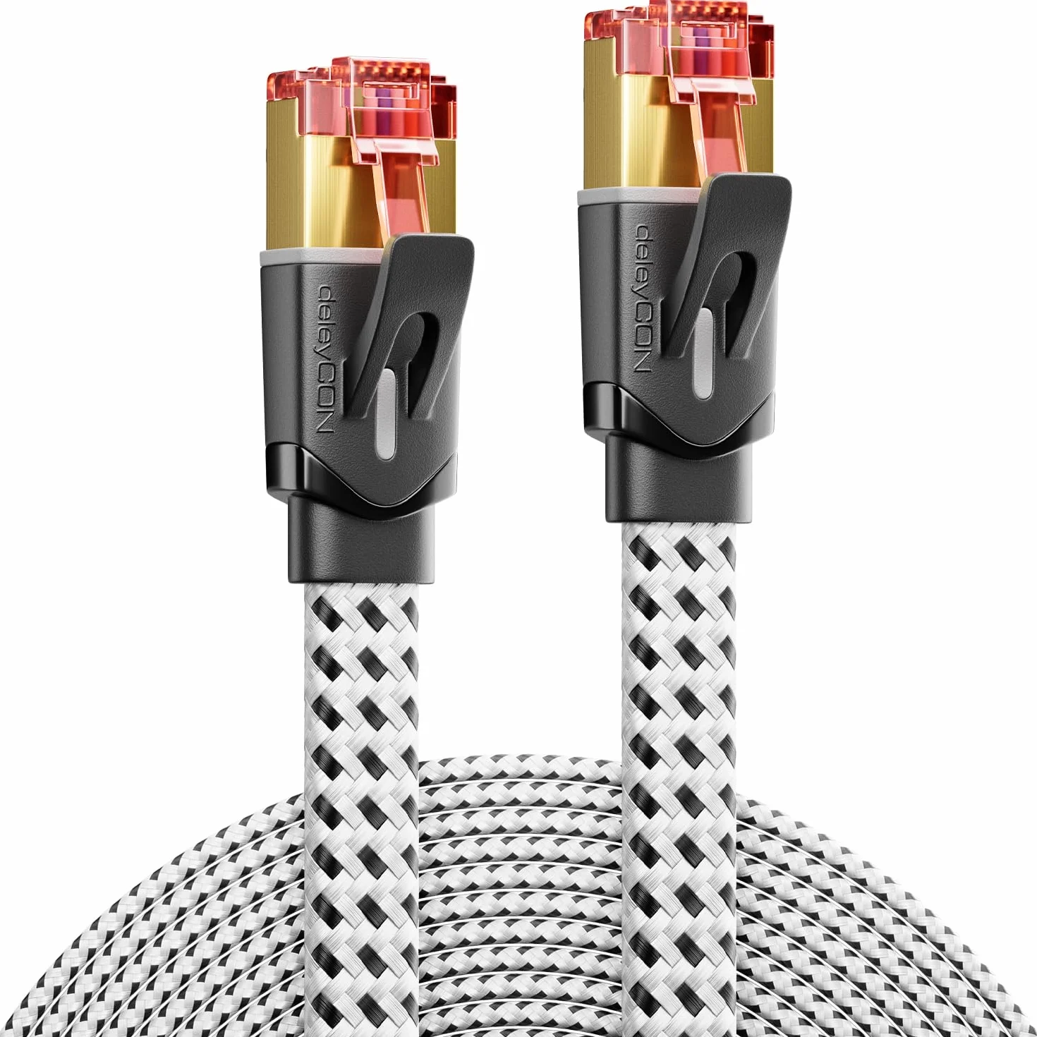 deleyCON 3,0m Płaski Kabel Sieciowy Cat7 Nylonowy (10 Gbps, Miedziany Przewodnik) Ethernet LAN - Płaski Przewód RJ45 - Patchcord do DSL, Routera, Internetu, Wi-Fi - Biały