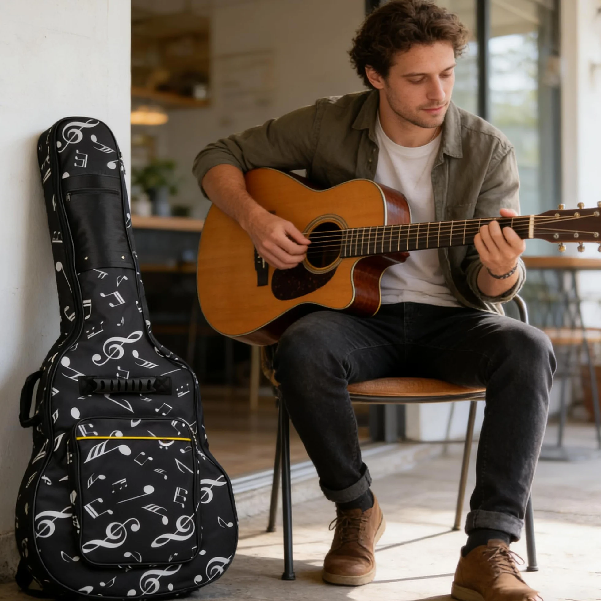 SUQ Wodoszczelna torba na gitarę Oxford, 40/41 cala, torba z wzorem muzycznym, nylonowa, torba na gitarę elektryczną, gitarę akustyczną i koncertową, odporna na uderzenia, 8 mm, wyściełana,