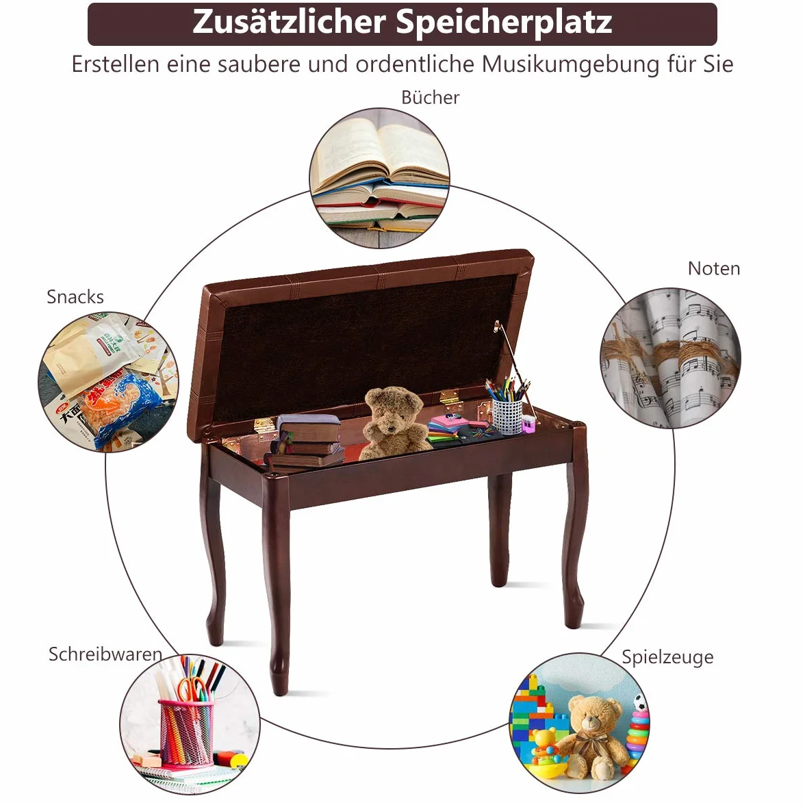 COSTWAY Ławka fortepianowa, taboret fortepianowy z litego drewna, wyściełana, ławka fortepianowa, ławka do siedzenia na keyboardzie, 75 x 35 x 49 cm (brązowa)