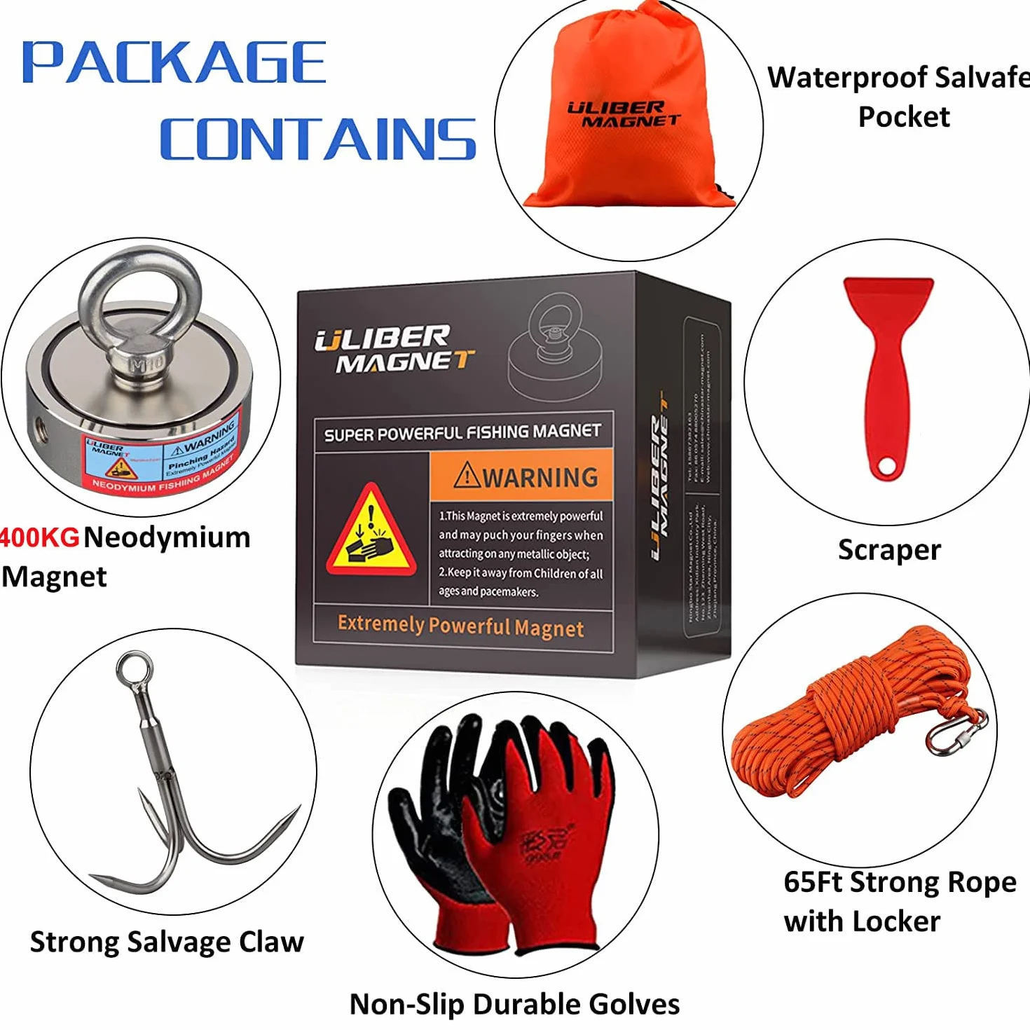 ULIBERMAGNET Super mocne dwustronne magnesy wędkarskie, z magnesem neodymowym 400 kg N52 połączony z liną, do wędkarstwa magnetycznego i poszukiwania skarbów pod wodą